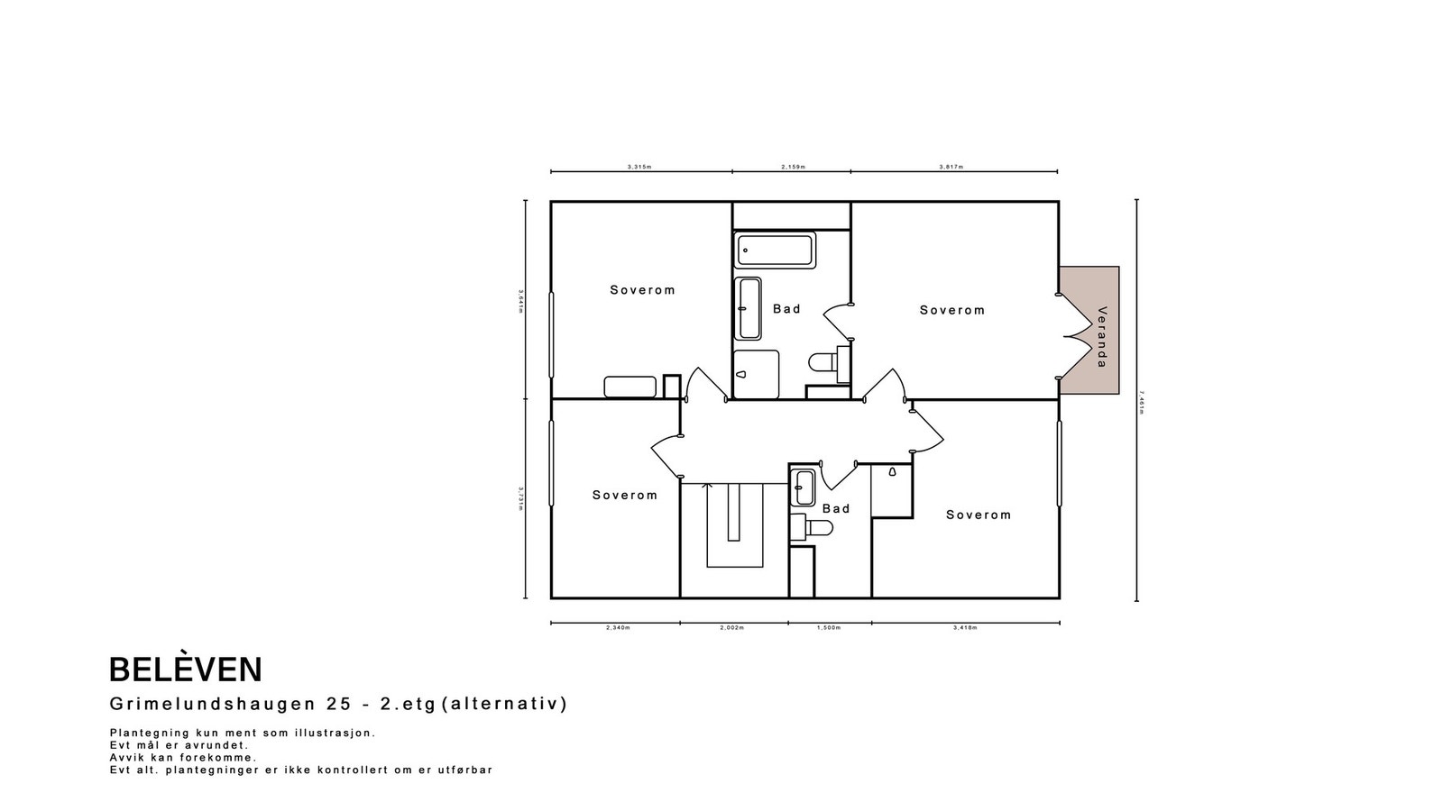 Alternativ planløsning for fire soverom Galleribilde