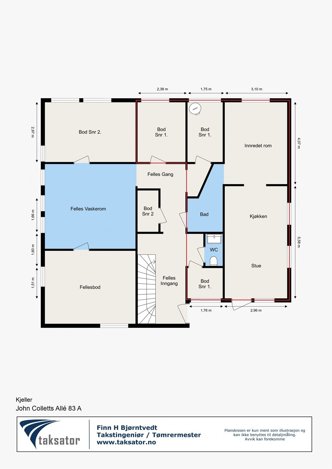 Plantegning 1. etasje. (arealet seksjonen disponerer i kjeller er meektet med rødt.) Galleribilde