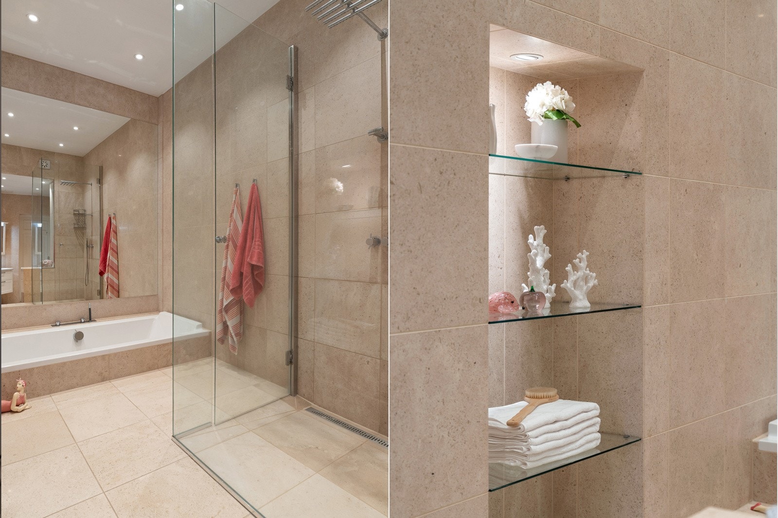 Rommet har varmekabler, nedfelte spotter og en elegant løsning med to gulvnivåer Galleribilde