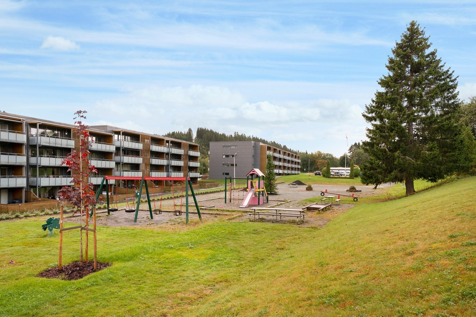 Pent opparbeidet uteområde med grøntareal og lekeplass. Galleribilde