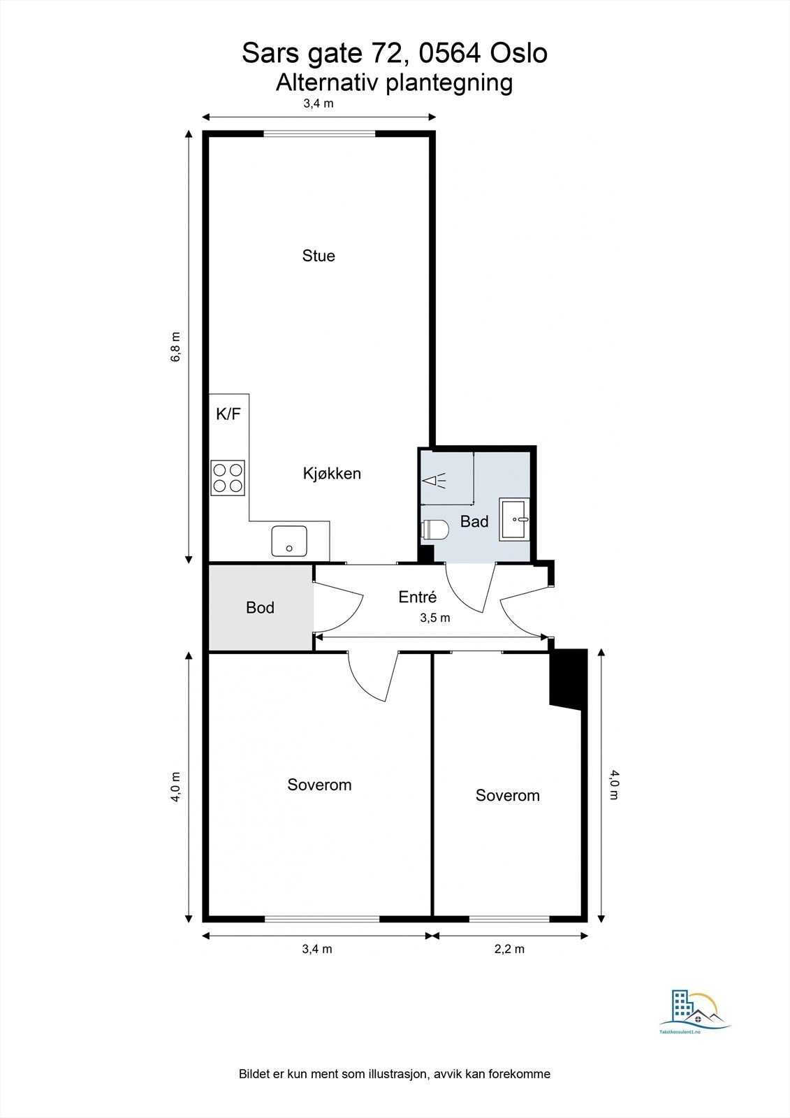 Alternativ plantegning. Selger og megler har ikke gjort videre undersøkelser om hvor vidt den alternative planløsningen lar seg gjennomføre. Selger og megler tar forbehold om at kjøper må undersøke disse mulighetene på egenhånd. Galleribilde