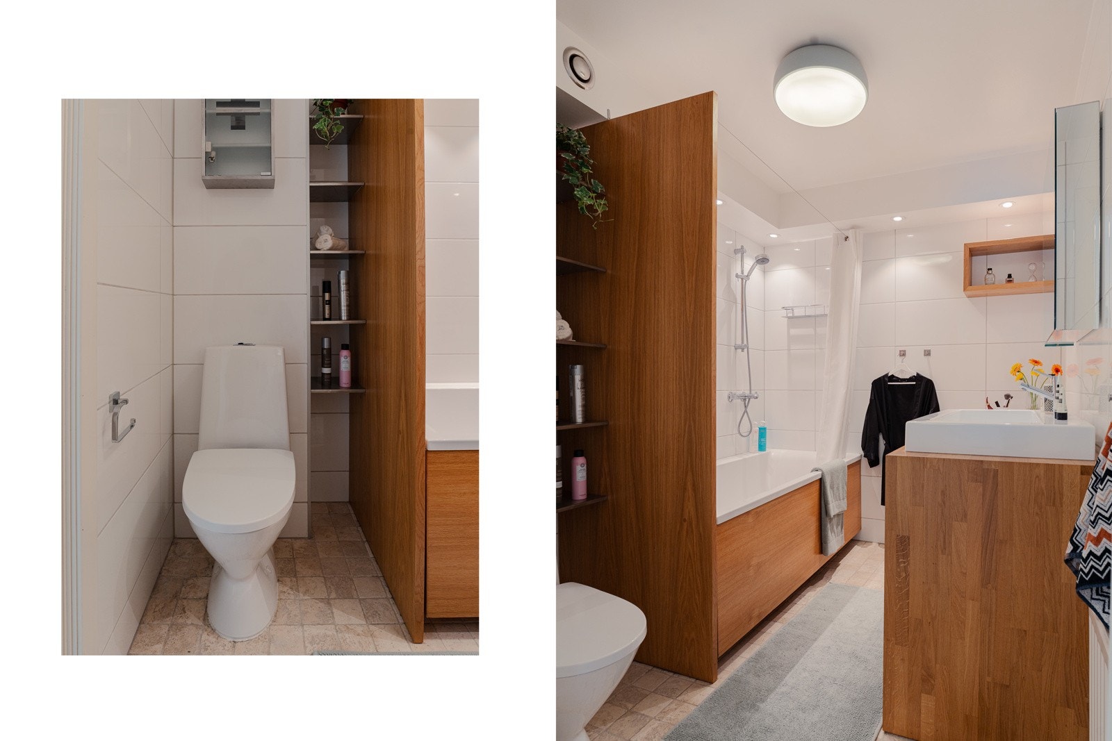 Badet er videre innredet med frittstående badekar med skillevegg og frontplate i finért eik, samt termostatstyrt dusjbatteri i krom med kran og hånddusj. Gulvstående toalett. Galleribilde
