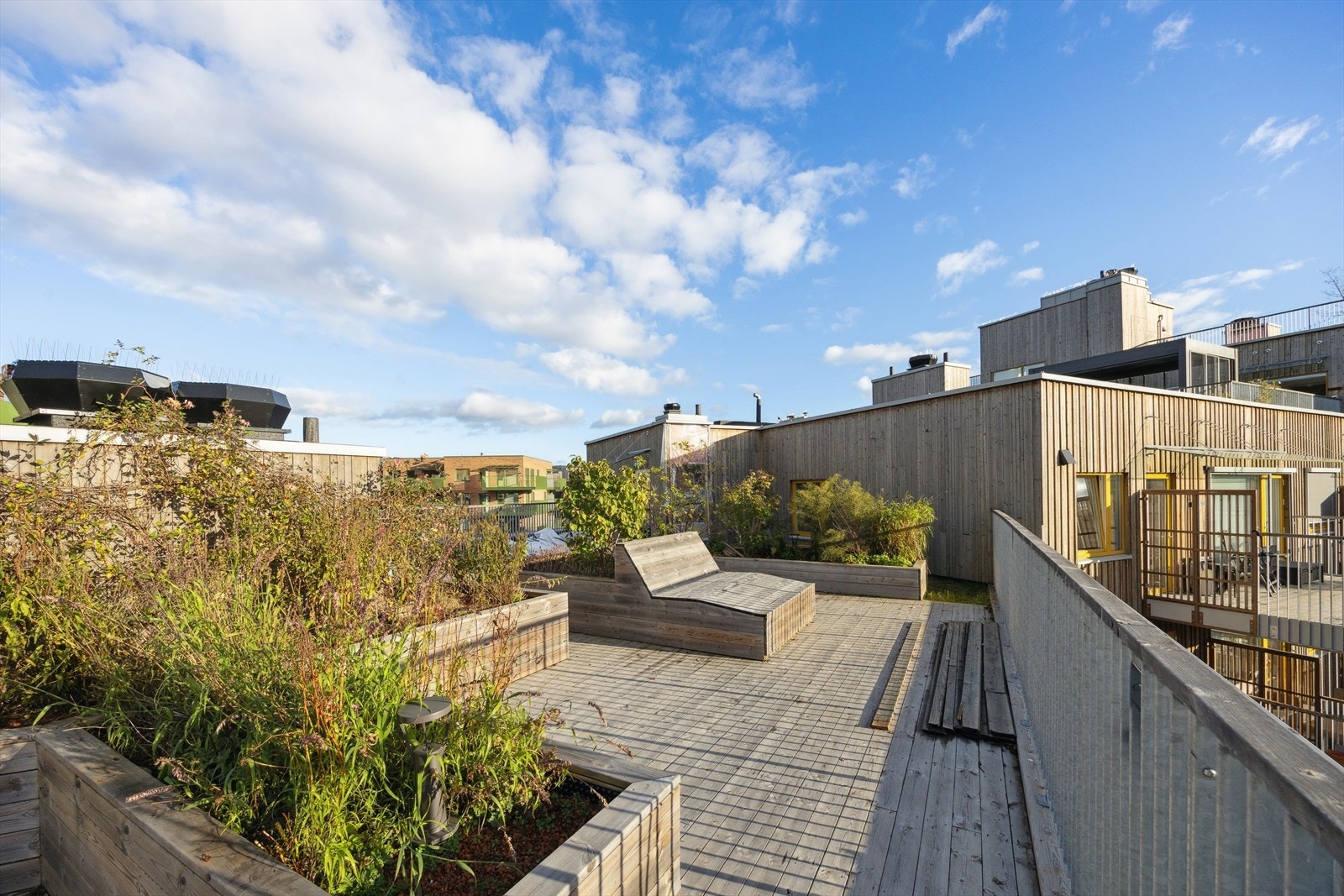 Takterrassen har flere sittegrupper og frodig beplantning som skaper trivsel. Galleribilde
