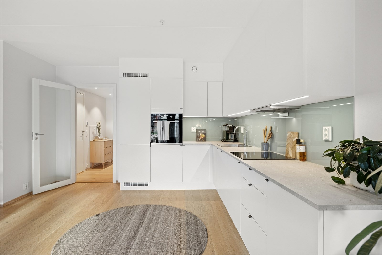 Legg merke til vitrinedør med glass mot entréen. Galleribilde