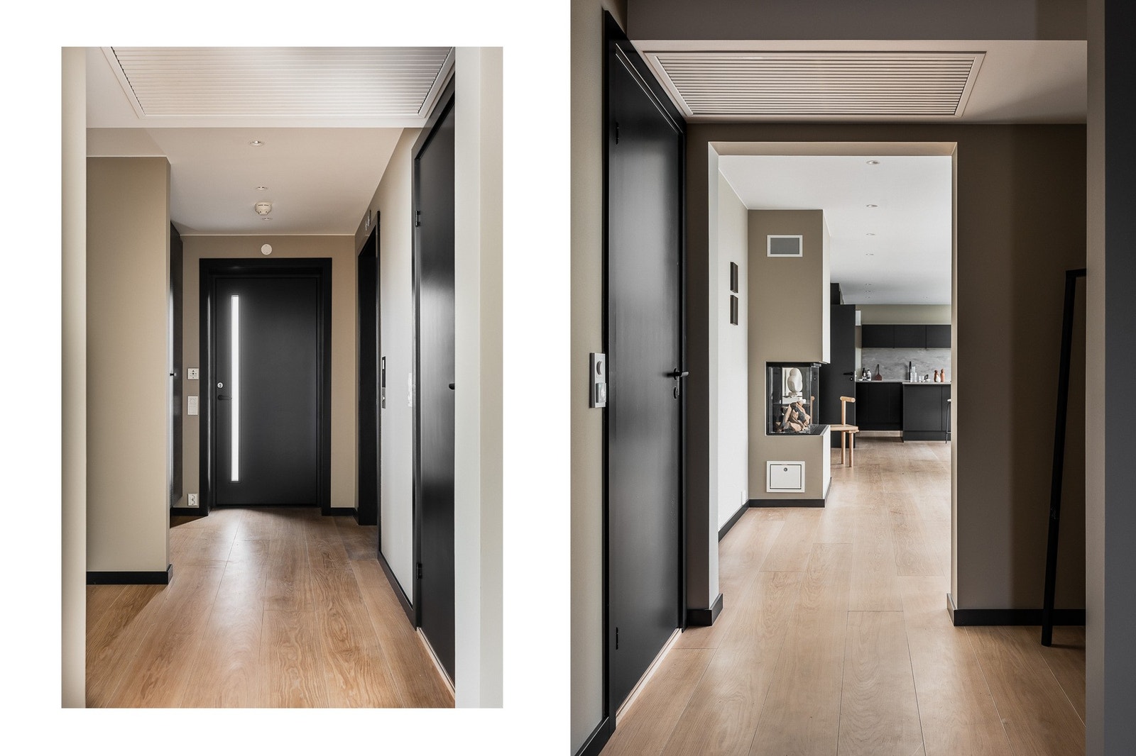 Enstavs eikeparkett på gulv, sorte dører, vegger malt i lune og tidløse nyanser samt integrerte downlights i himlingen i alle rom, gir et lyst, stilrent og helhetlig uttrykk. Våtrom har elektrisk oppvarming i gulv, mens øvrige oppholdsrom har vannbåren gu Galleribilde