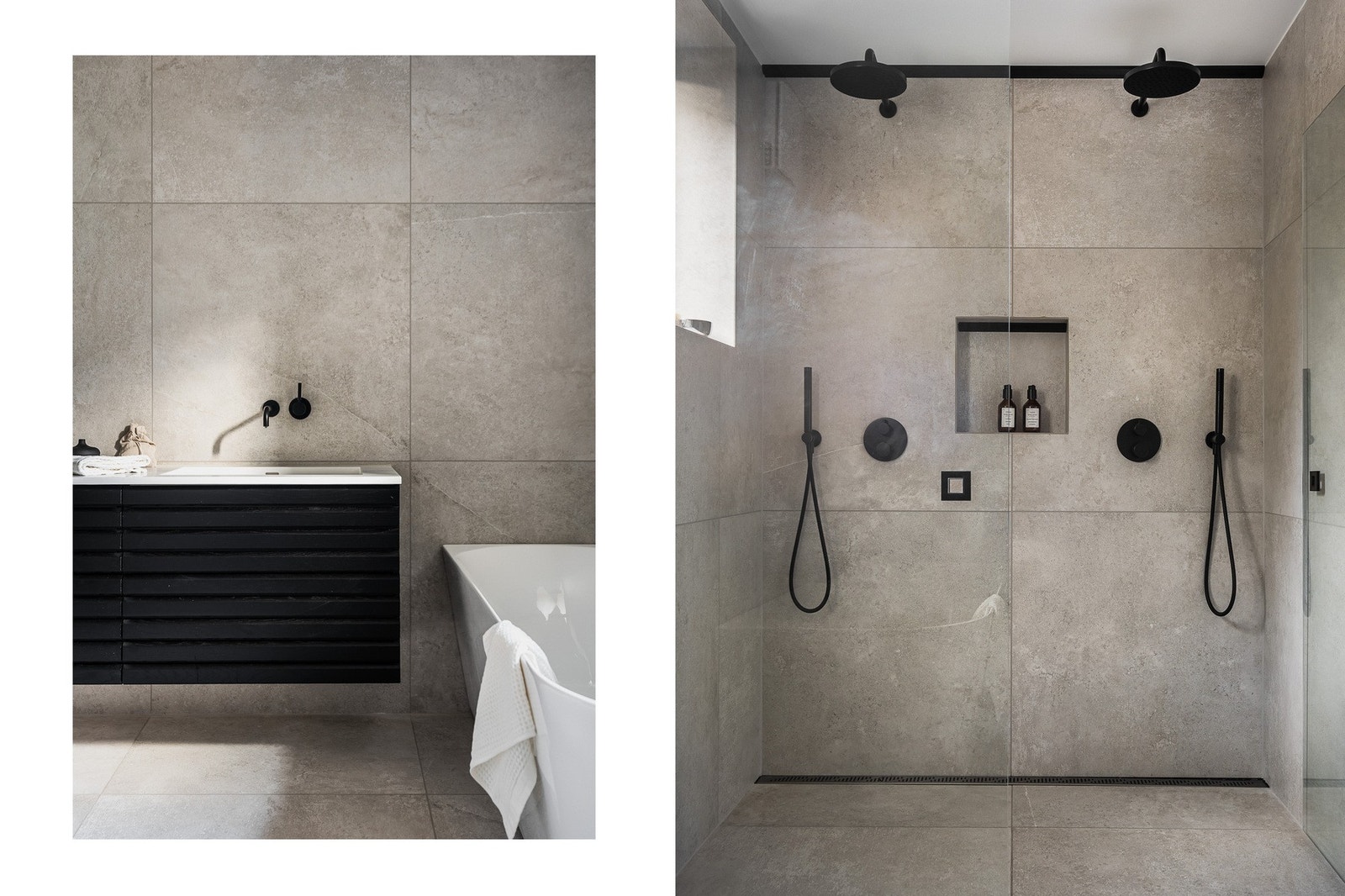 Videre finnes både frittstående badekar og en dobbel dusjsone med nedsenket dusjnisje, regnfallsdusjer og svingbare glassdører. Varmekabler i gulv. Lyslist i dusjsone og under innredningsen. Galleribilde