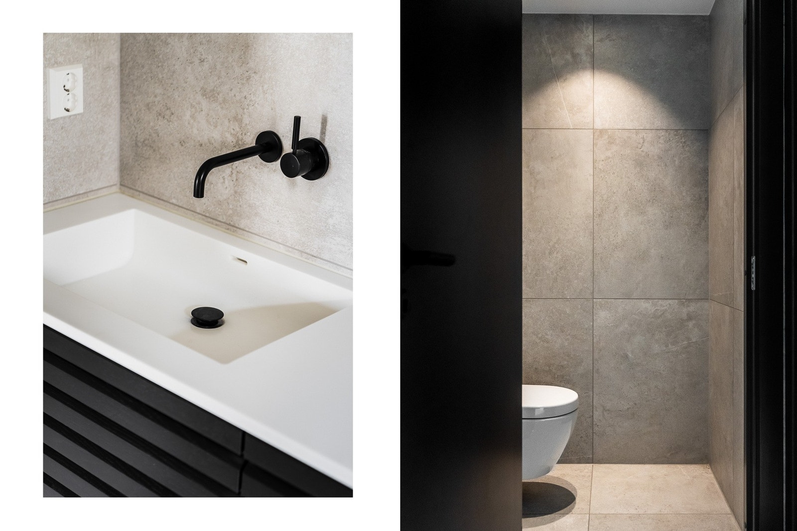 Alt armatur er fra Dormbracht, i matt sort utførelse, som harmonerer med øvrig innredning. Et separat toalettrom ligger diskret til på badet. Det er klargjort for Sonos høytalersystem i himling. Galleribilde