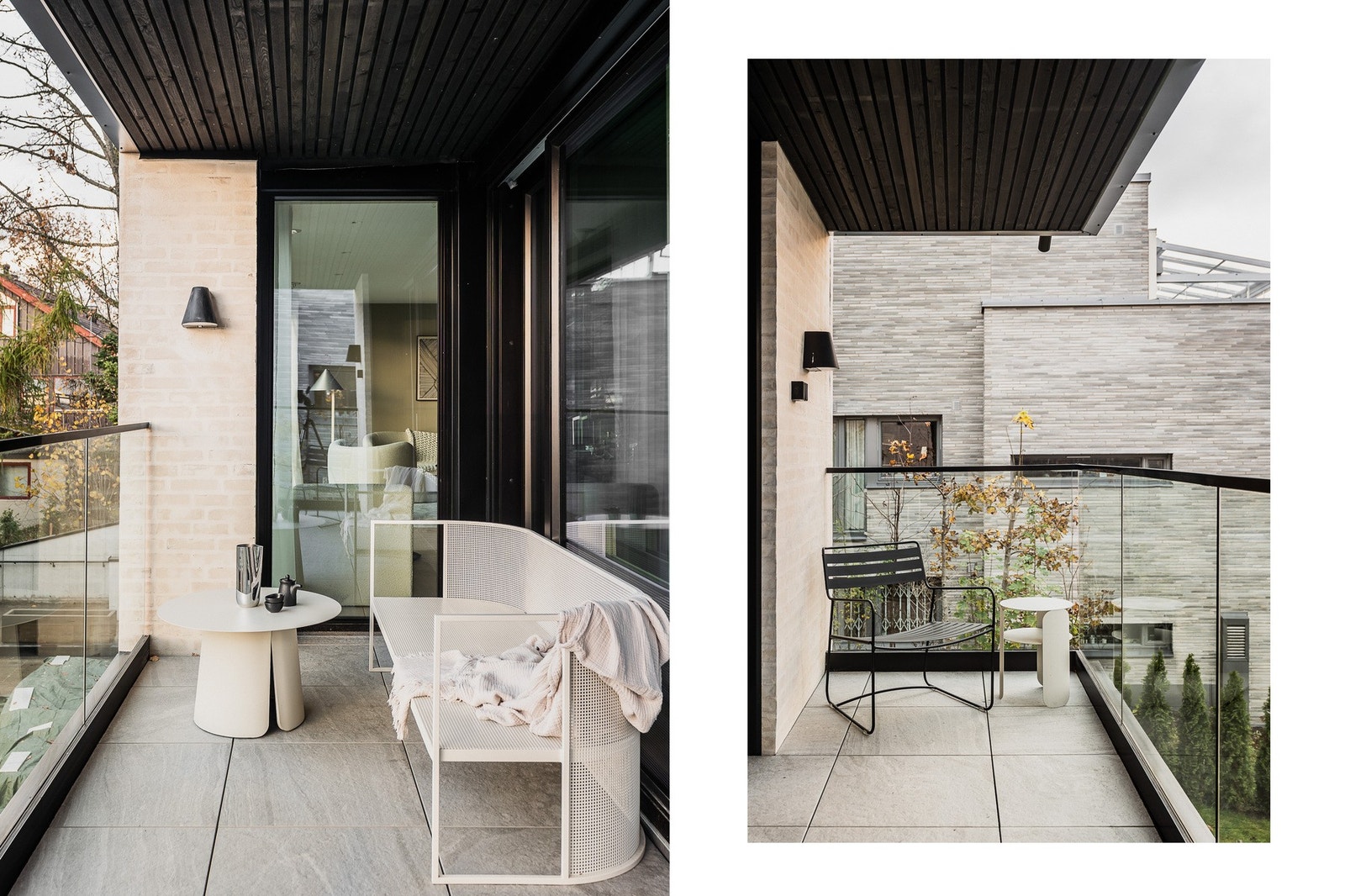 Fra kjøkkenet er det utgang til en overbygget balkong med plass til sittegruppe, perfekt for morgenkaffen eller ettermiddagens rolige stund. 2 cm Italienske fliseheller på gulv og stolpefritt glassrekkverk. Galleribilde