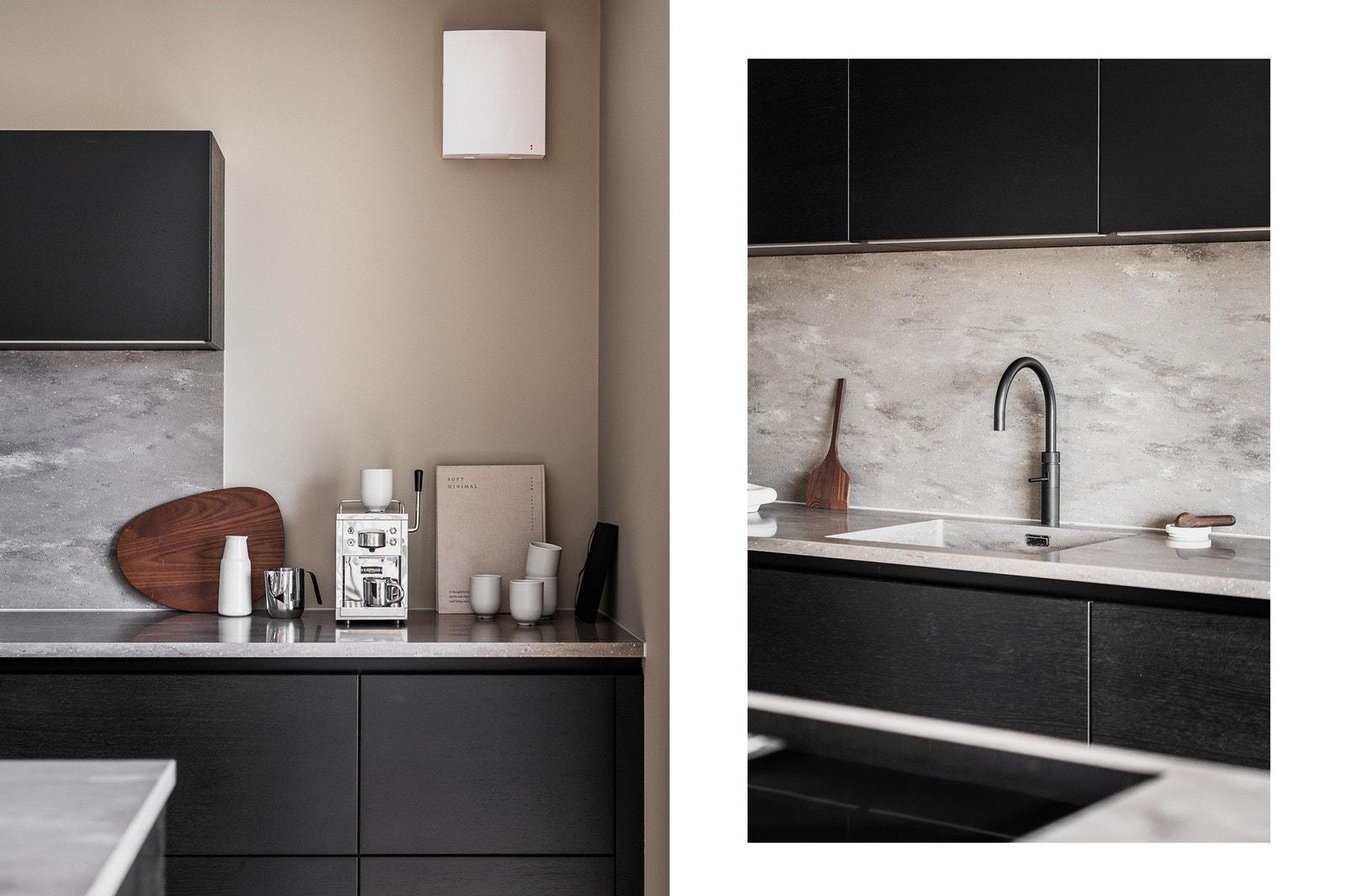 Corian-benkeplate med integrert kum og vannkran fra Quooker som sørger for både kaldt, varmt og kokende vann rett fra springen. Benkeplaten er trukket opp langs veggen, og gir et elegant og harmonisk uttrykk til kjøkkenet. Galleribilde