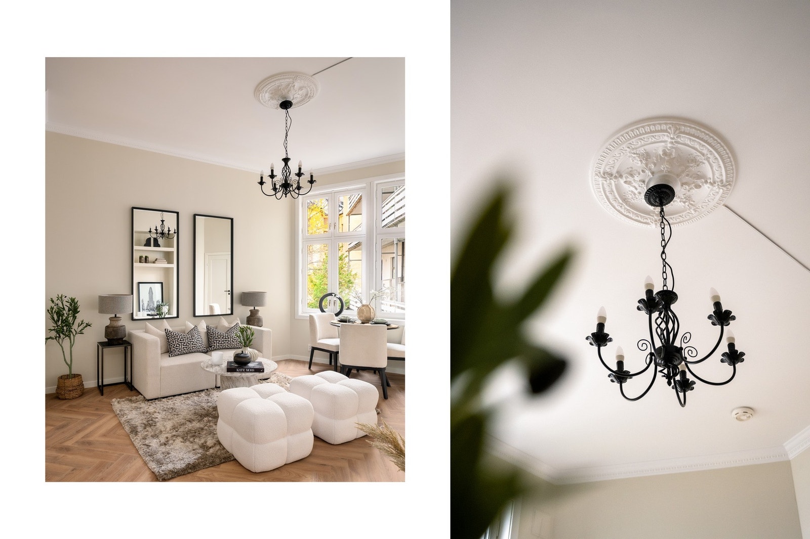 Legg merke til stukkaturen og rosetten for den klassiske sjarmen. Galleribilde