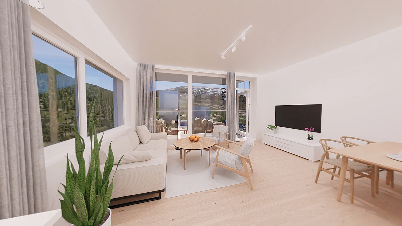 Lys og moderne stue med store vinduer som gir nydelig utsikt mot sør. Illustrasjon, avvik vil forekomme Galleribilde