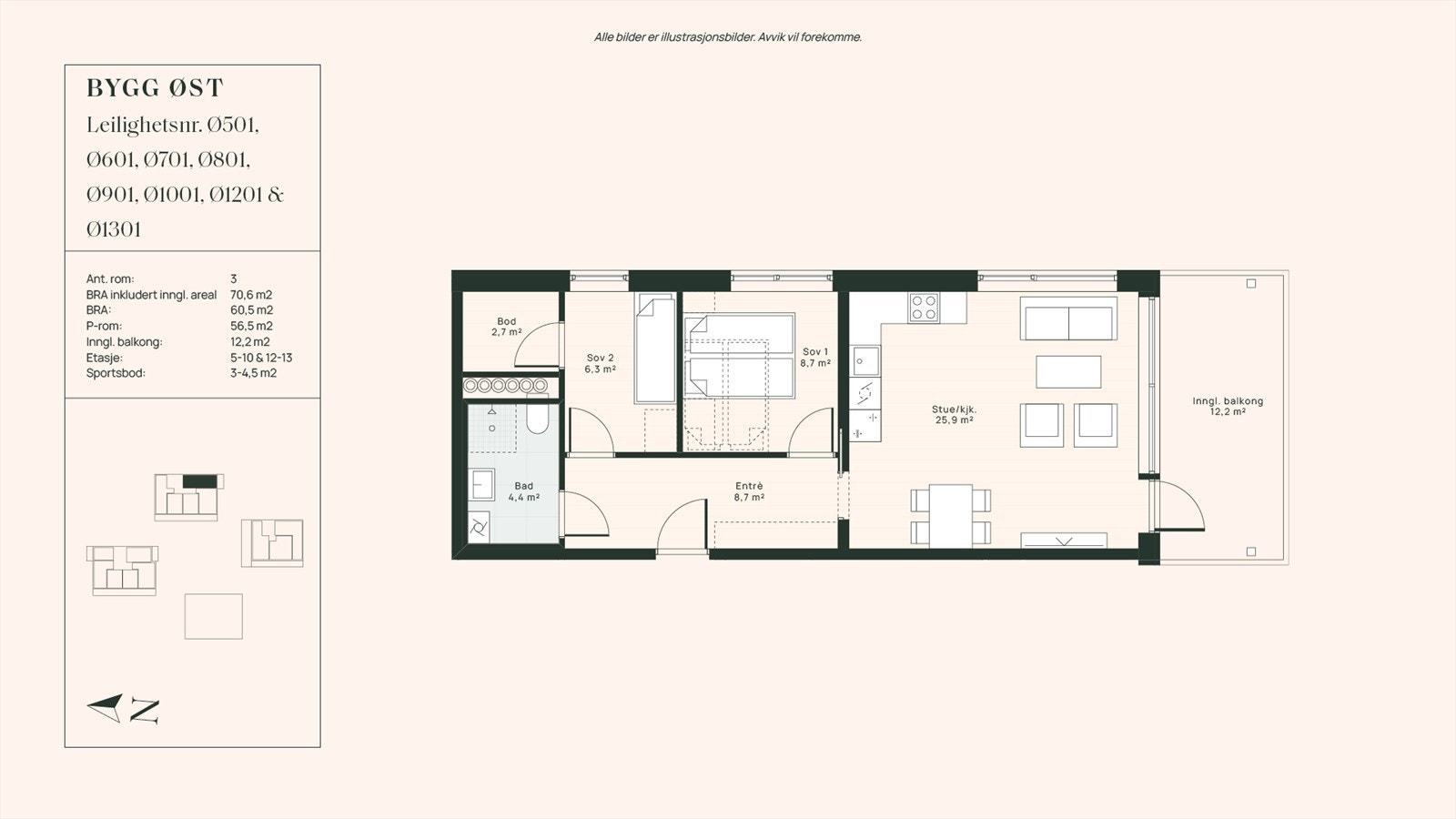 Moderne 3-roms leilighet med åpen stue/kjøkkenløsning og innglasset balkong på 12,2 m². Perfekt for komfortabel bylivsstil. Galleribilde