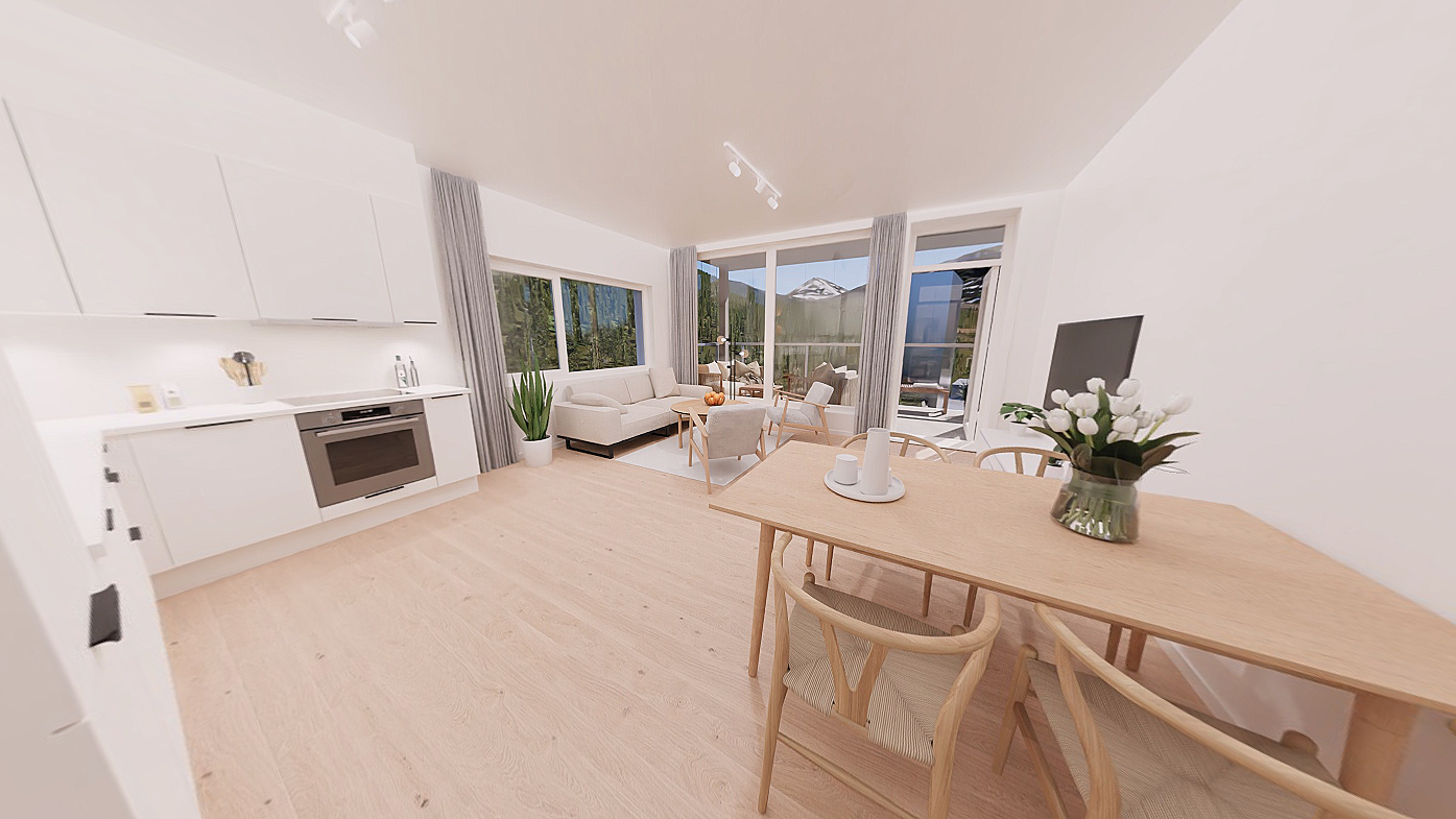 Moderne stue/ kjøkken løsning med utgang til innglasset balkong på 12 kvm Galleribilde