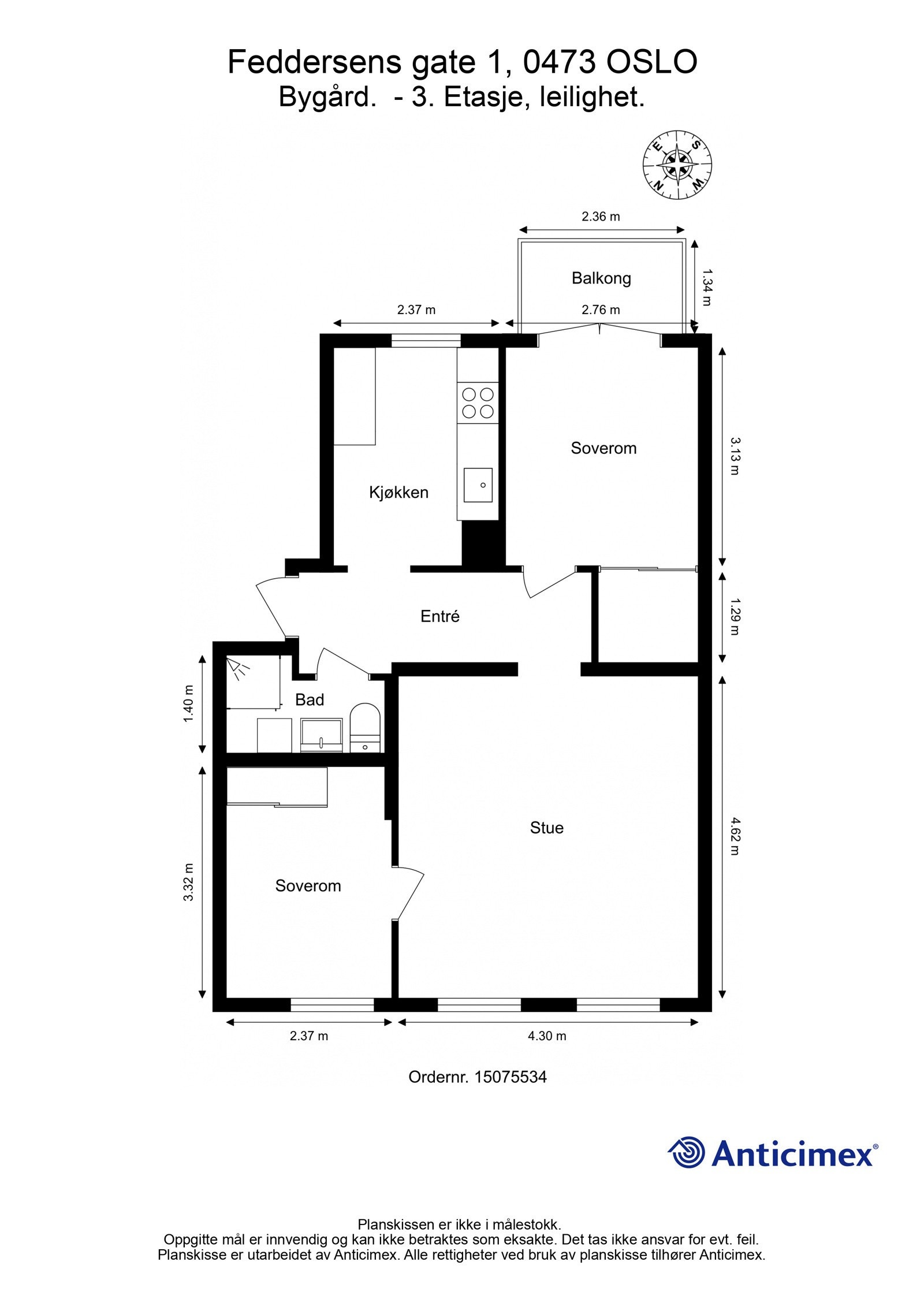 Plantegning 3. etasje. I tillegg disponerer leiligheten en kjellerbod på ca. 8m². Galleribilde
