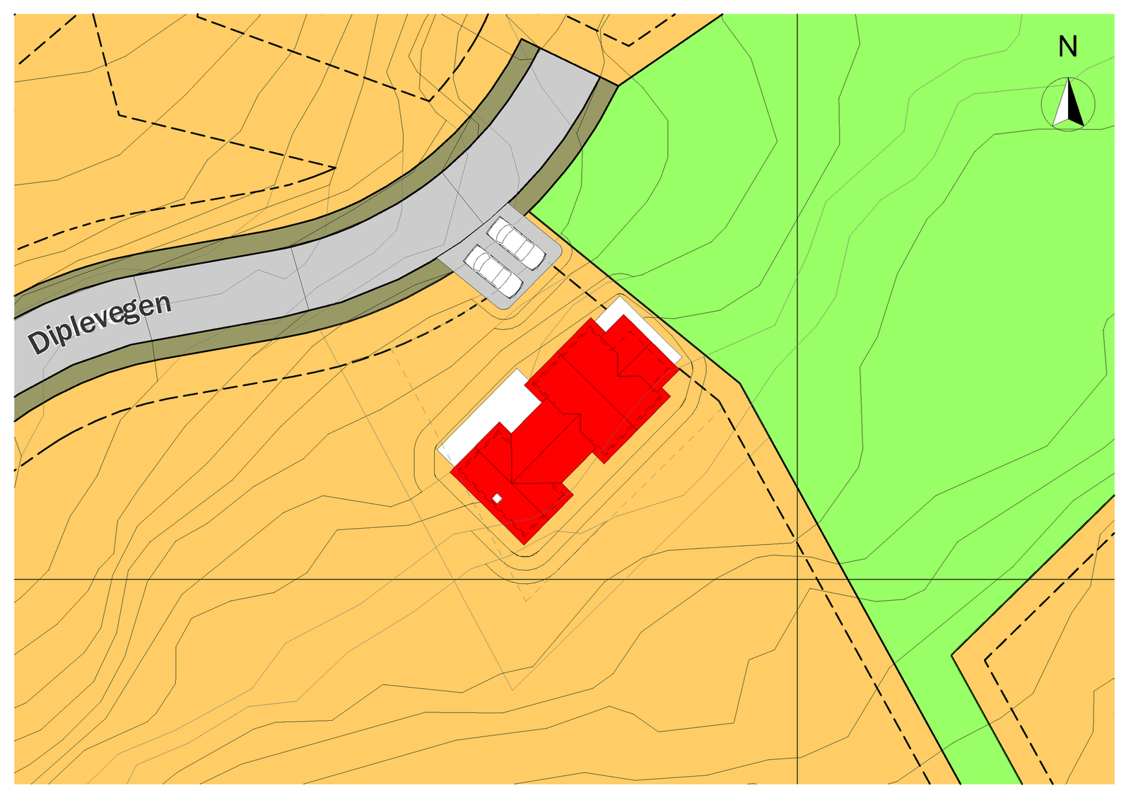 Forslag til plassering av prosjektert hytte på tomta. Tomten er skiltet med D7. Galleribilde