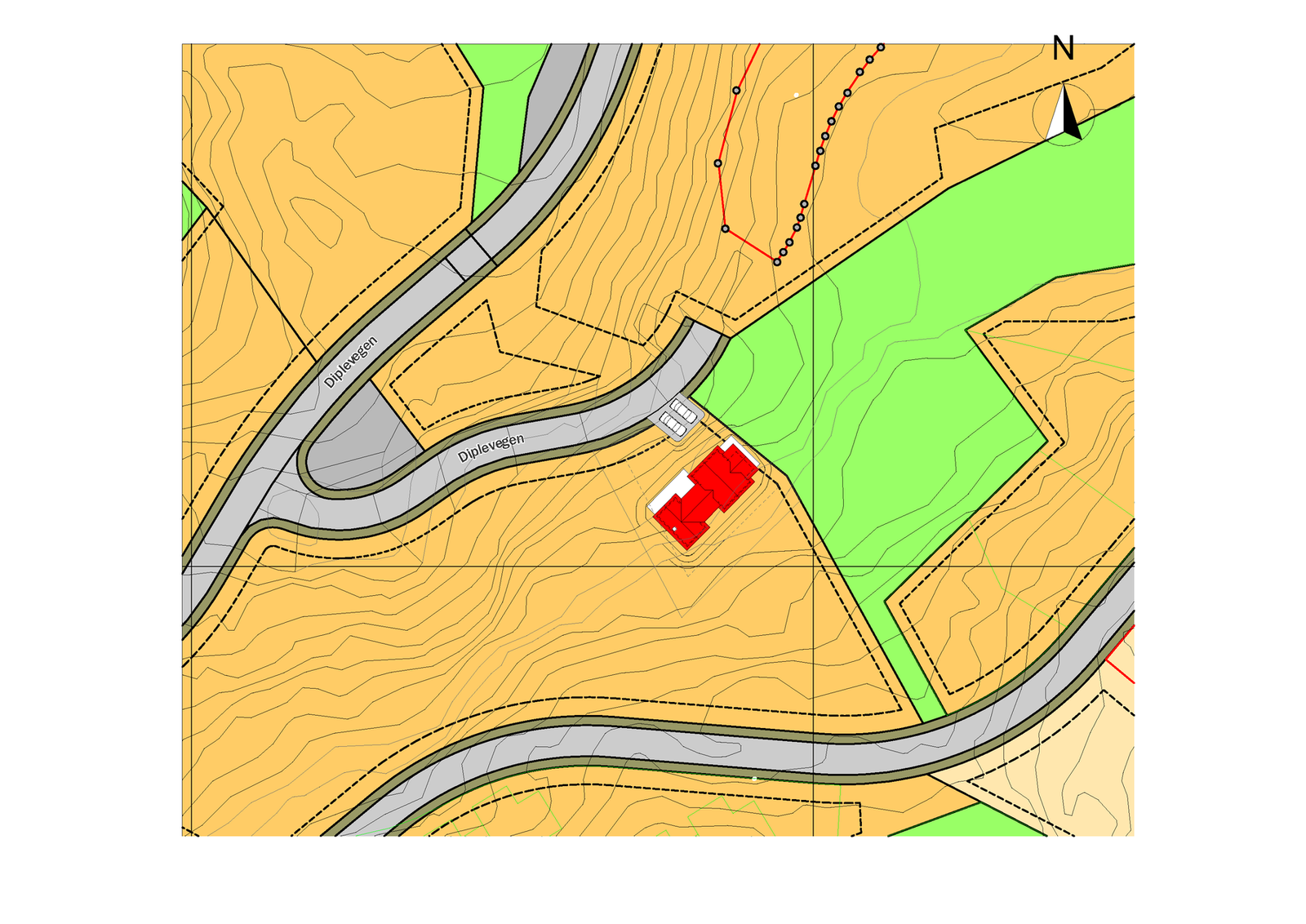 Forslag til plassering av prosjektert hytte på tomta. Tomten er skiltet med D7. Galleribilde