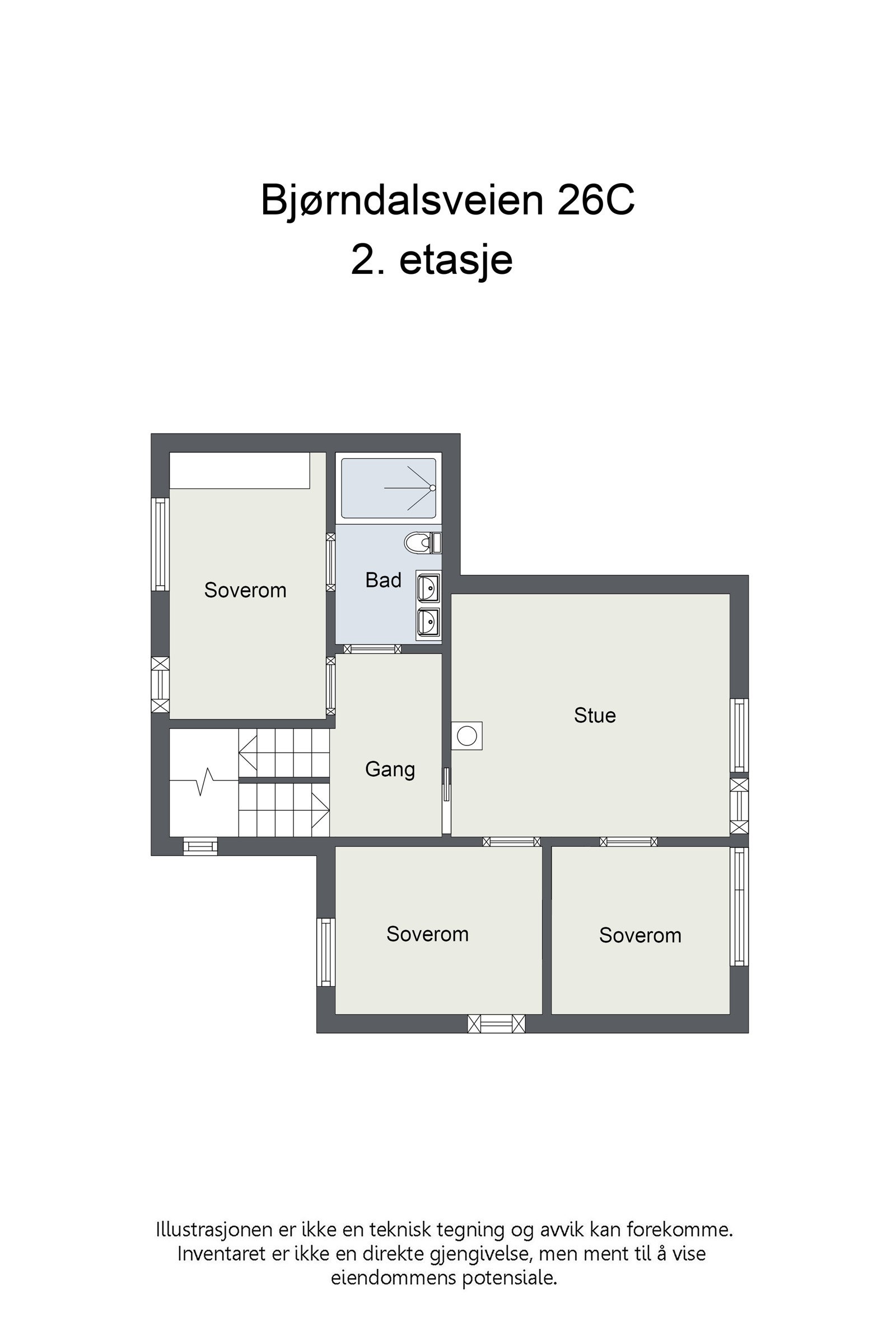 Plantegning - 2. etasje. God planløsning for familier hvor barna her har tilgjengelig 3 soverom, stue og bad/wc. Galleribilde
