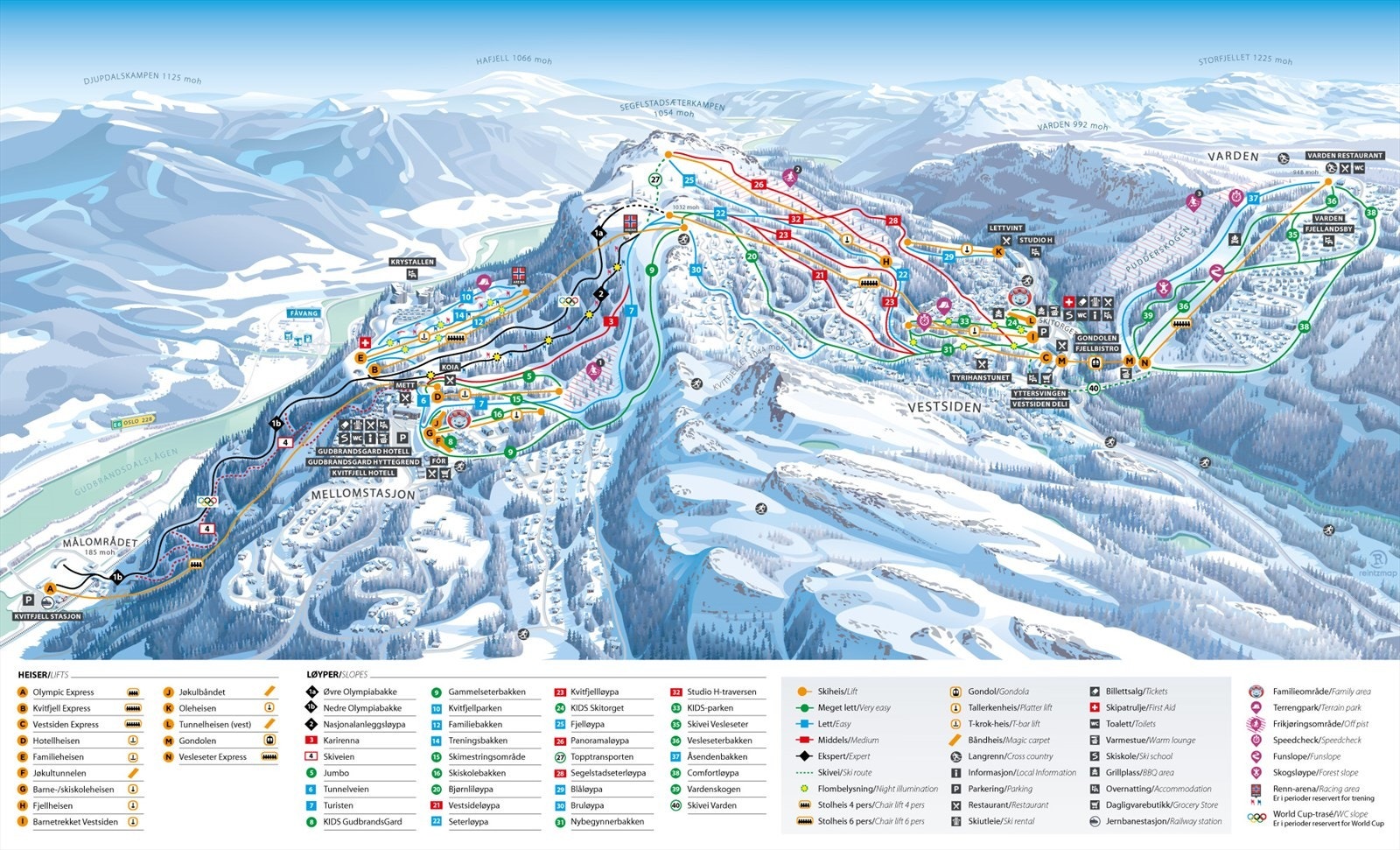 Kvitfjell alpinanlegg har hele 36 nedfarter og 13 skiheiser. Her er det alt fra barnevennlige områder og nedfarter til World cup bakken og andre utfordrerne nedfarter. Galleribilde