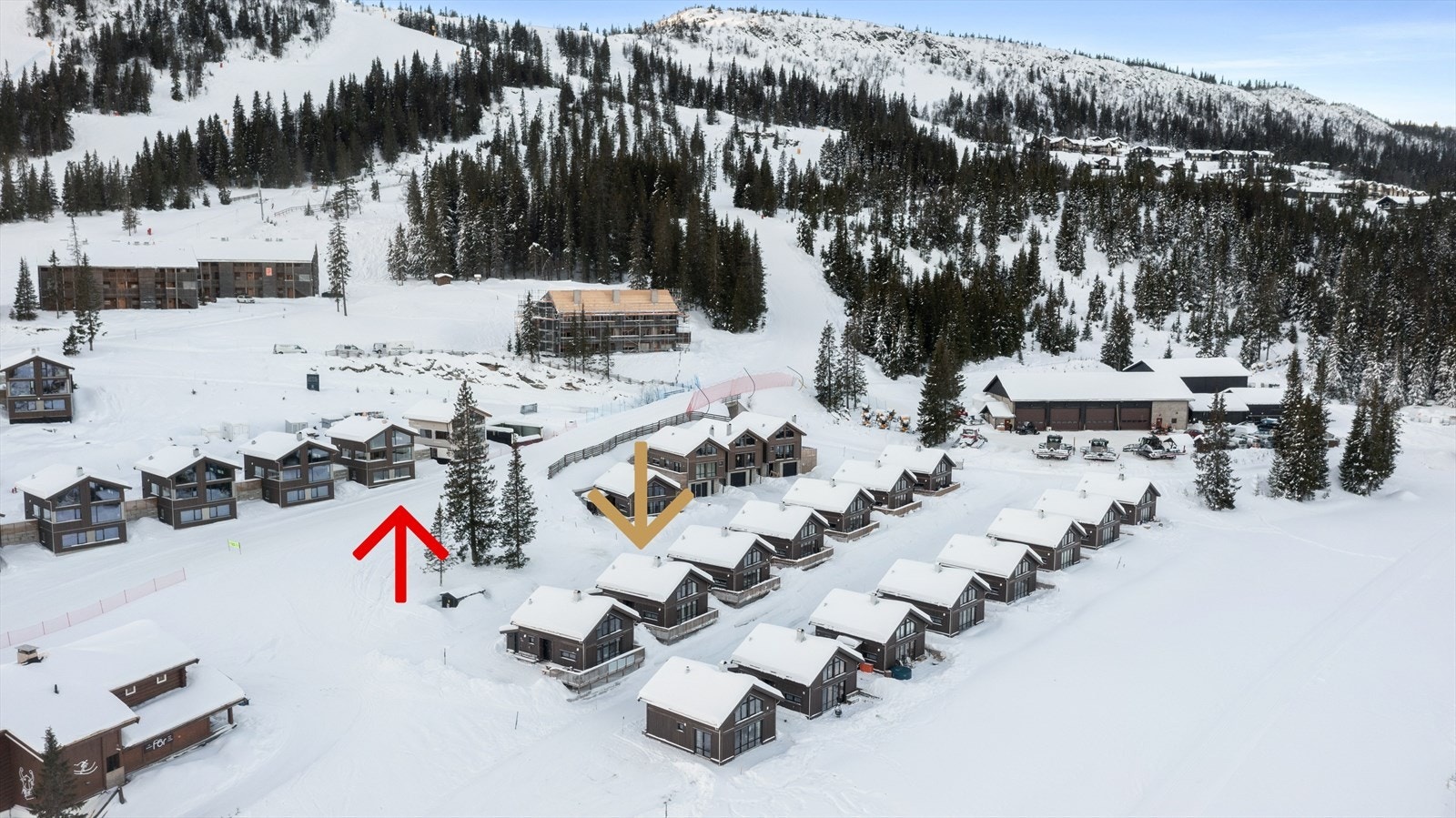 Dronefoto | Gul pil markerer hytta og rød pil markerer slalåmbakken Galleribilde