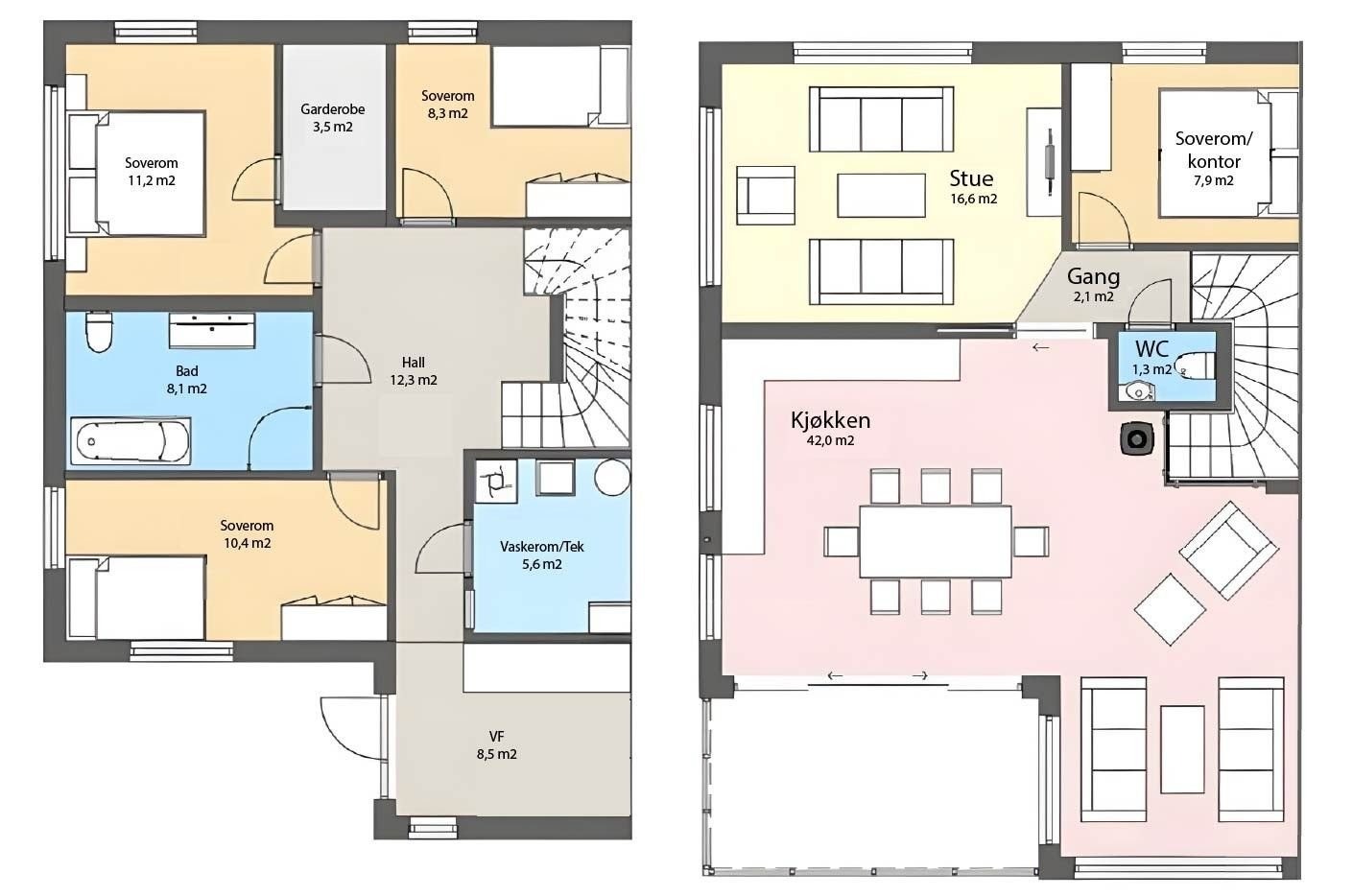1. etasje til venstre, og 2. etasje til høyre. Brannskillevegg mot naboen til høyre/mot øst. (NB: Ikke kontrollmålt.) Galleribilde