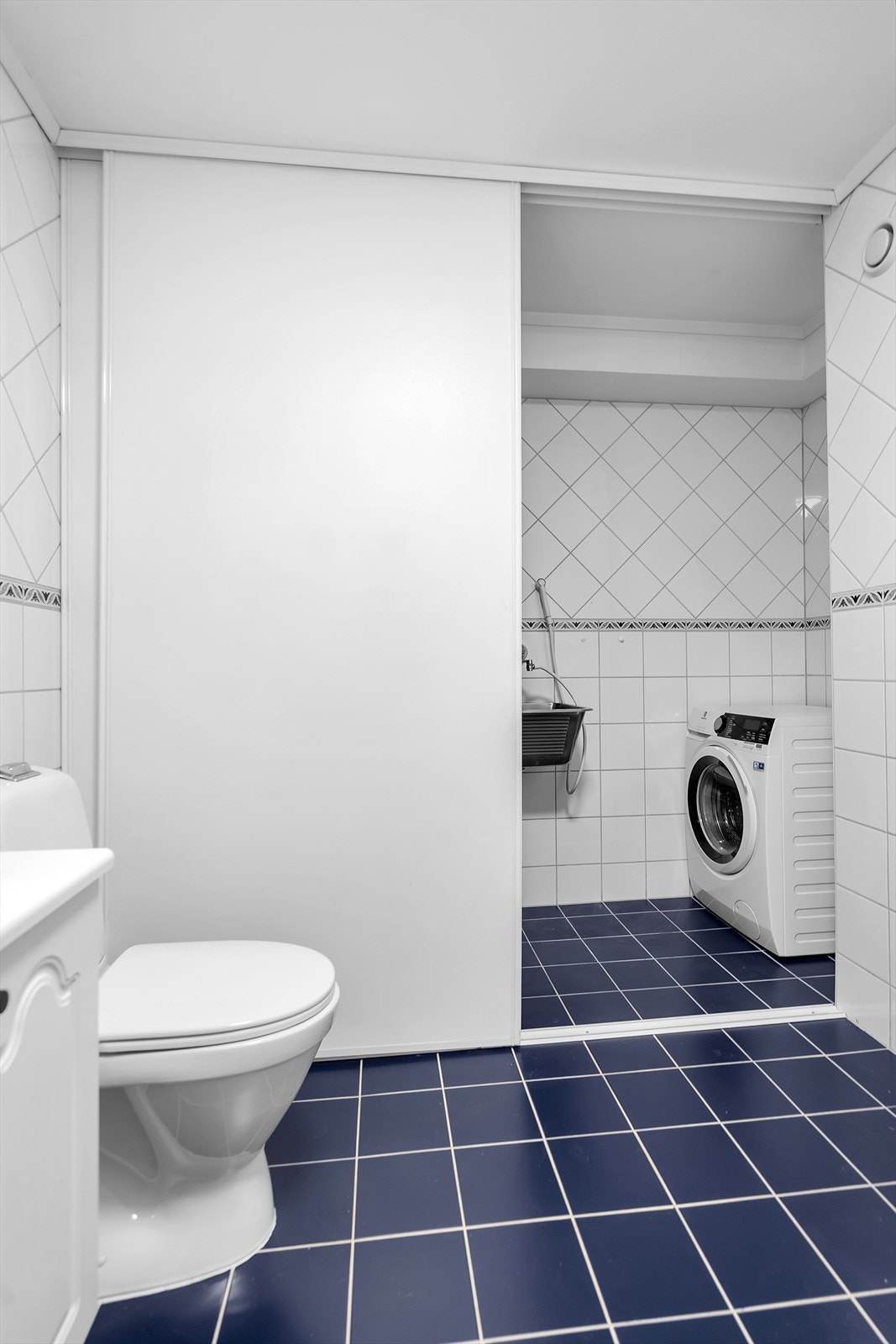 Vaskeromsavdelingen er skjult bak praktiske skyvedører, her har man opplegg for vaskemaskin og utslagsvask. Galleribilde