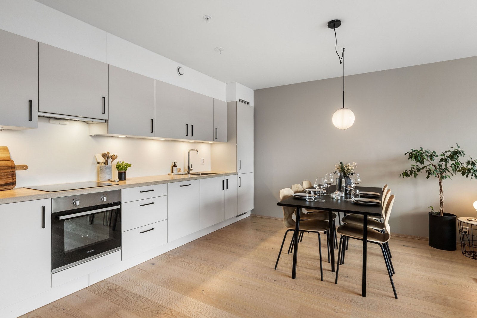 Belysning er montert over benken, og over kokesonen har kjøkkenet en ventilator. Galleribilde