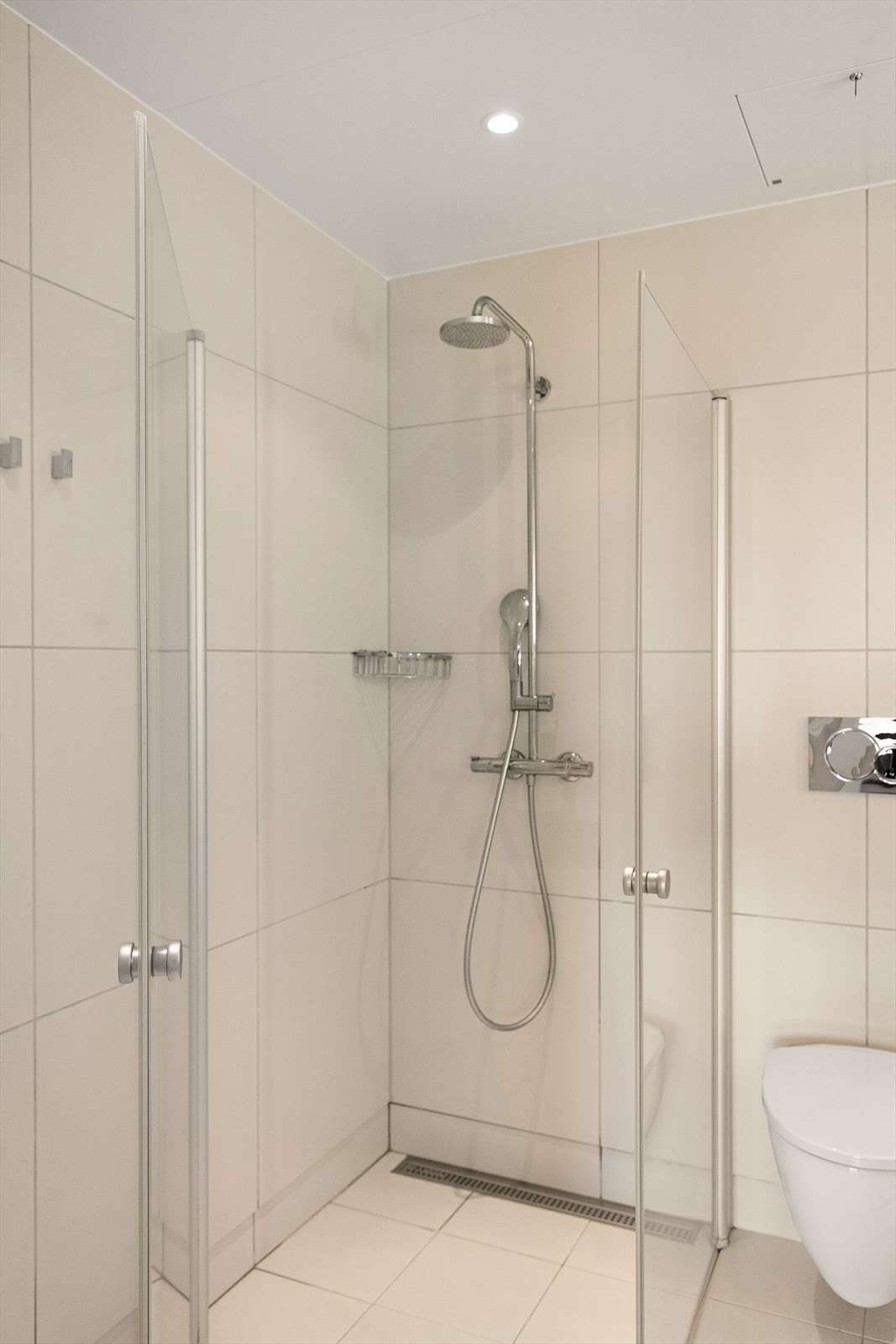 Vegghengt klosett, dusjnisje med herdet glassvegger. Galleribilde