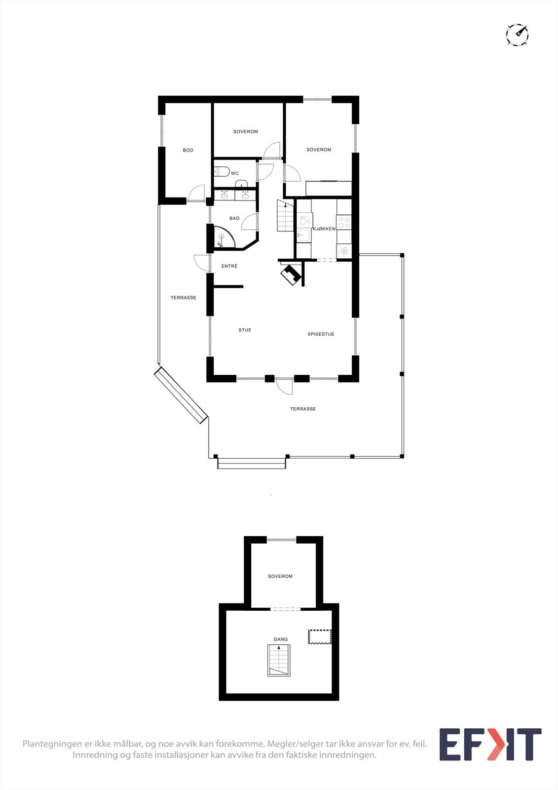 Plantegningen er ikke målbar, og noe avvik kan forekomme. Megler tar ikke ansvar for ev. feil. Innredning og faste installasjoner kan avvike fra den faktiske innredningen. Galleribilde