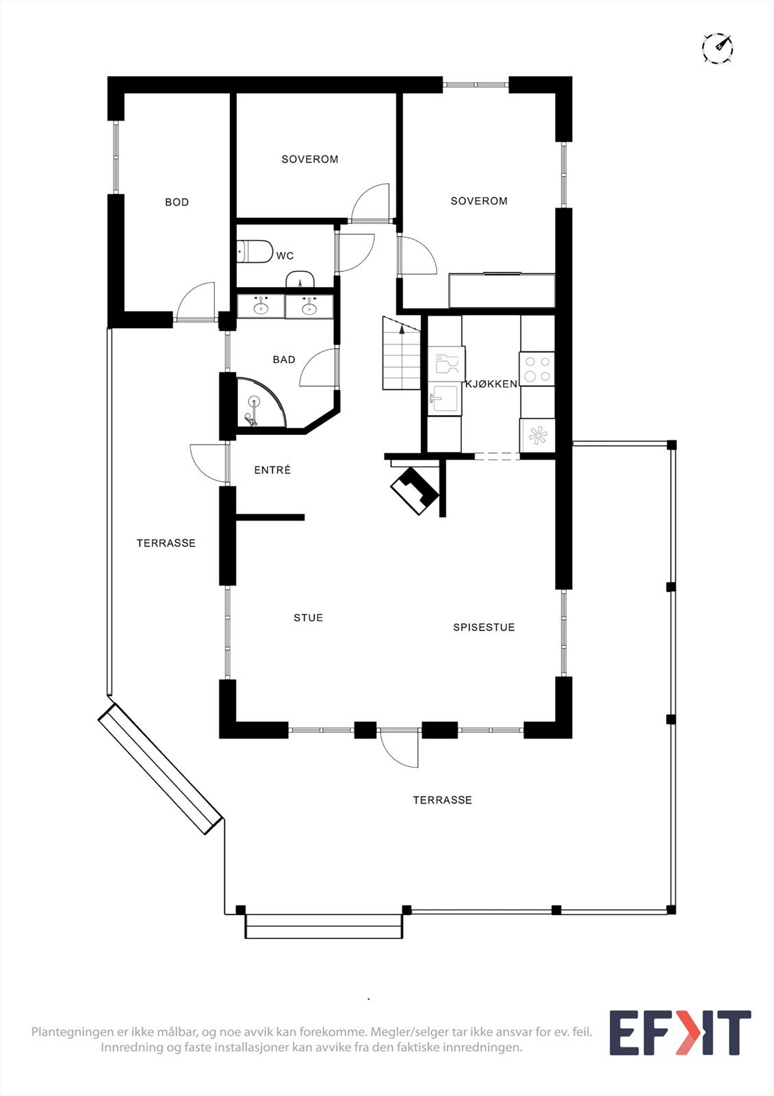 Plantegningen viser hovedhyttas første etasje med stue, kjøkken, bad og to soverom. Galleribilde