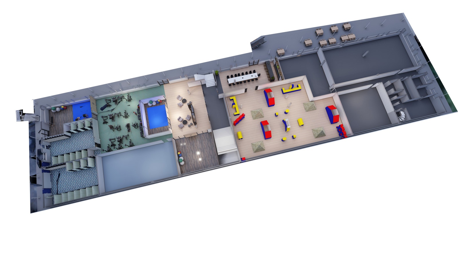 Plantegning av 1 etasje, ulike høyder og mange muligheter for tilpasninger for leietakere. Galleribilde