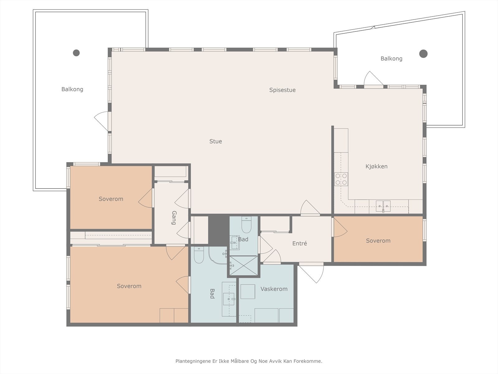 Plantegning - innholdsrik leilighet med 3 soverom og 2 bad - stue og kjøkken er langs hele fronten med gode vindusflater som sikrer lys og utsikt Galleribilde