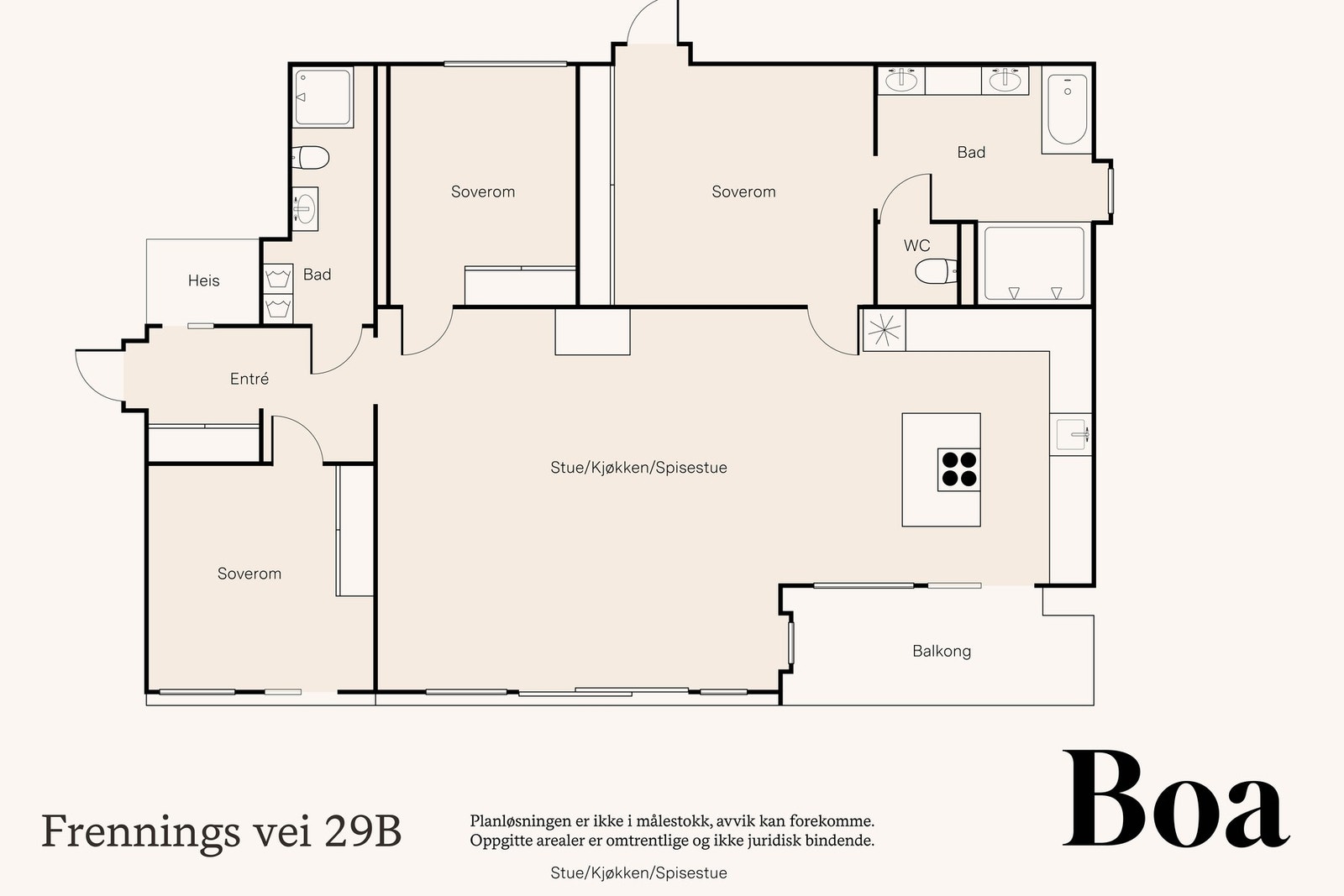 Entré, to bad, separat toalett, tre soverom og stue med åpen kjøkkenløsning. Leiligheten har overbygget veranda på 8 m² og en terrasse på 48 m². I tillegg er det franske balkonger. Leiligheten disponerer kjellerbod på 5 m² og to garasjeplasser. Galleribilde