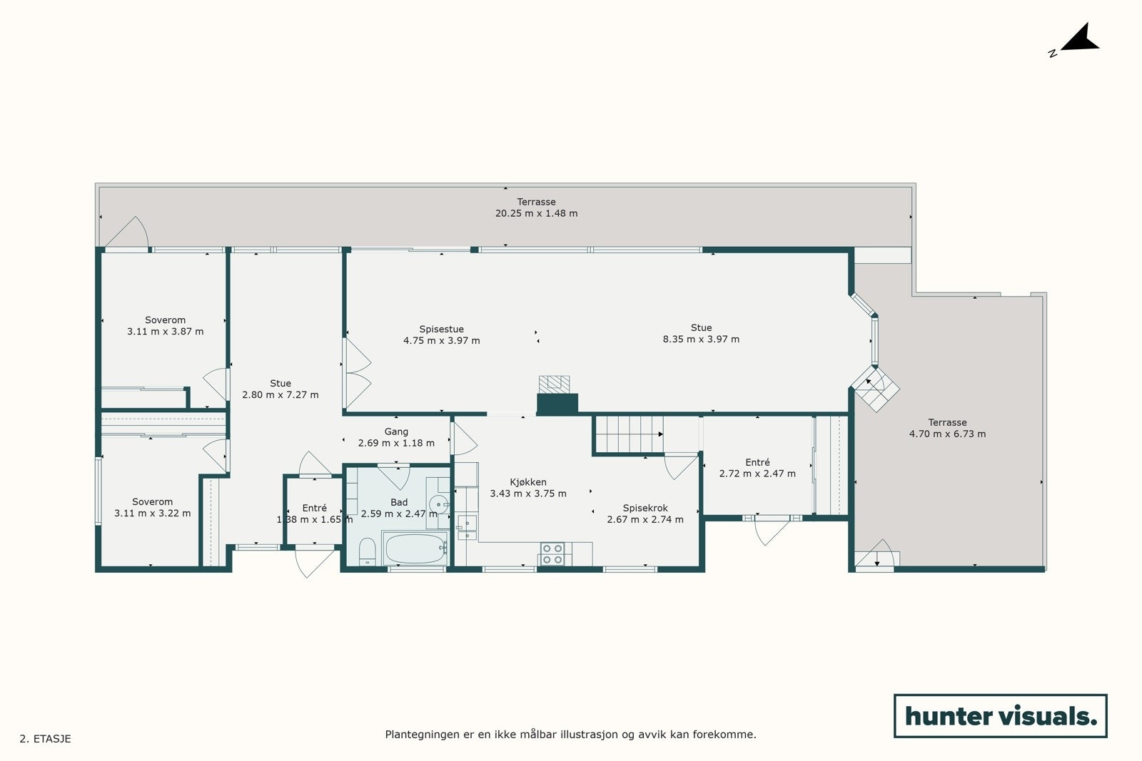 Slik ser planløsningen i hovedetasjen ut. Galleribilde
