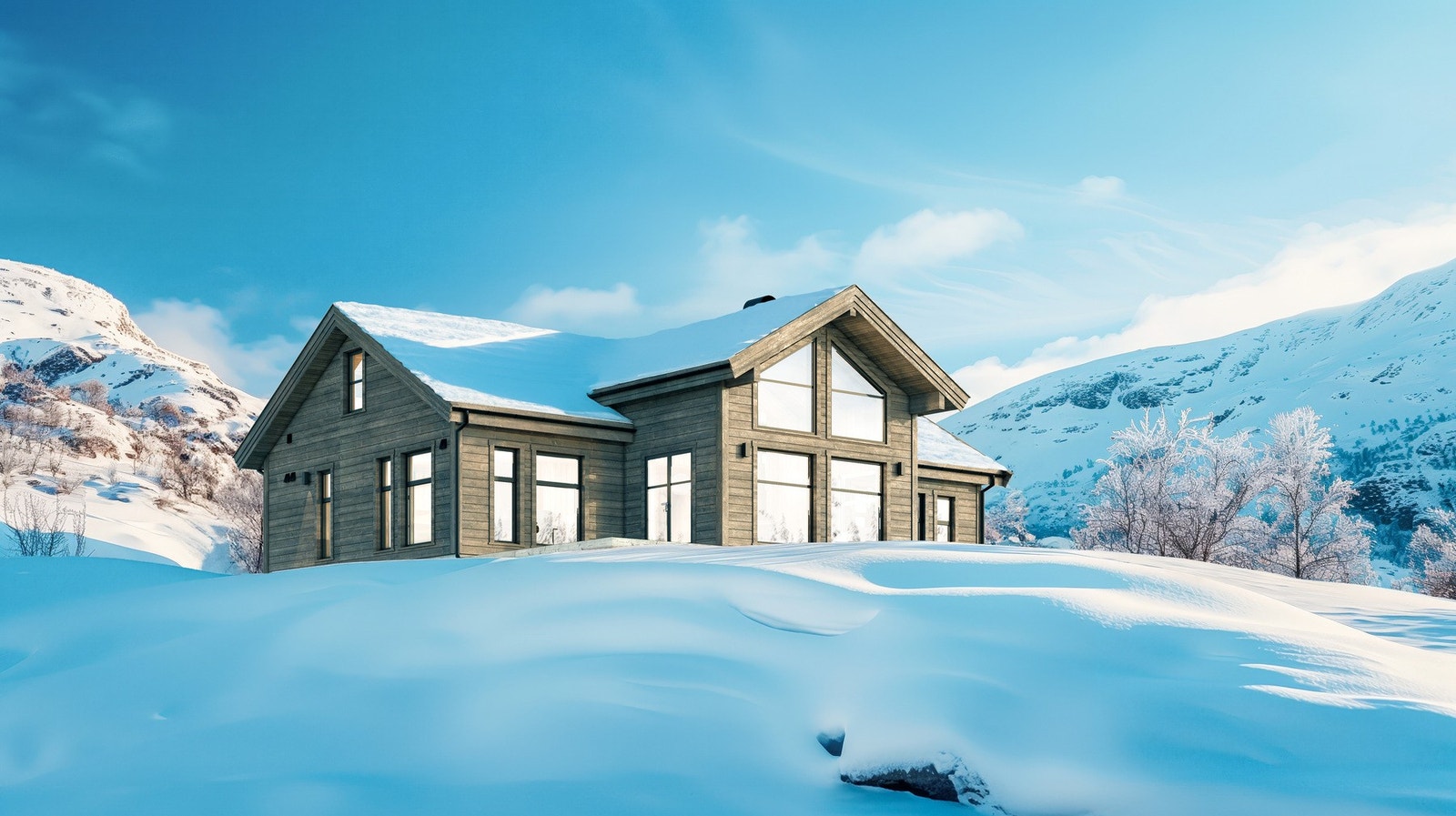 Ilustrasjon av hyttemodell Polar. Store vindusflater gir panorama til naturen. Galleribilde