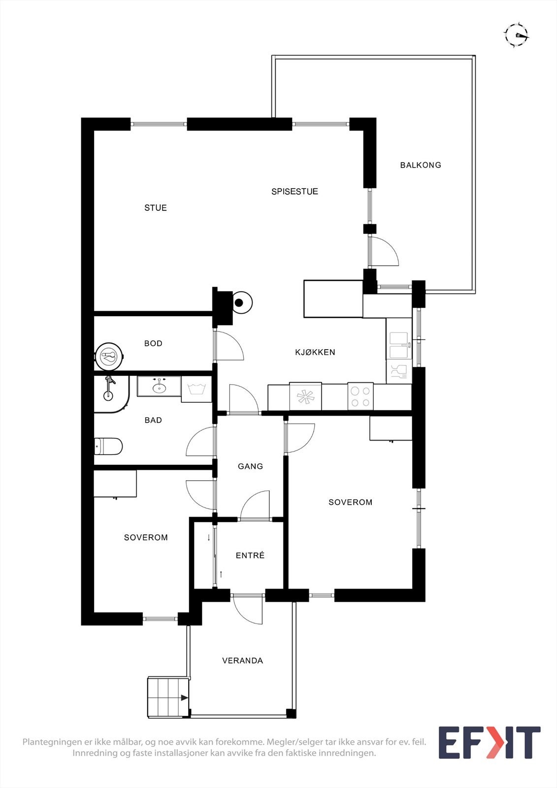 Plantegningen viser en innholdsrik 3-roms leilighet med en effektiv og arealsmart planløsning. Galleribilde