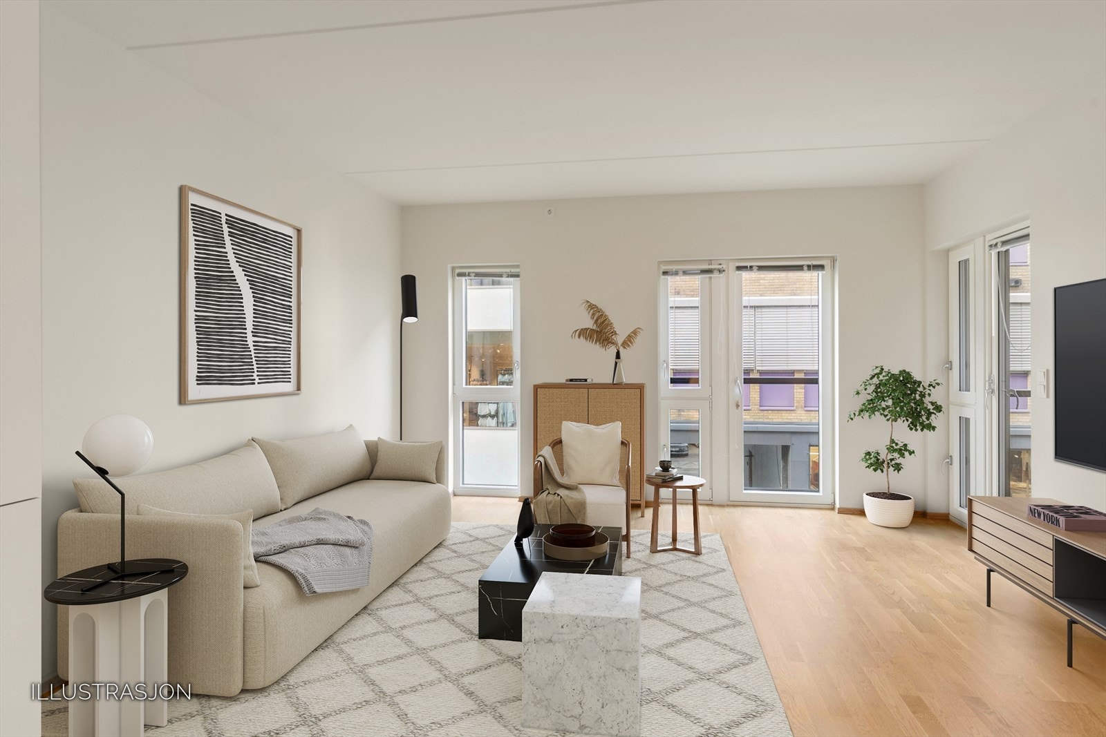 Leiligheten har en åpen stue-og kjøkkenløsning som gir plass til både sofagruppe og spisegruppe. Galleribilde