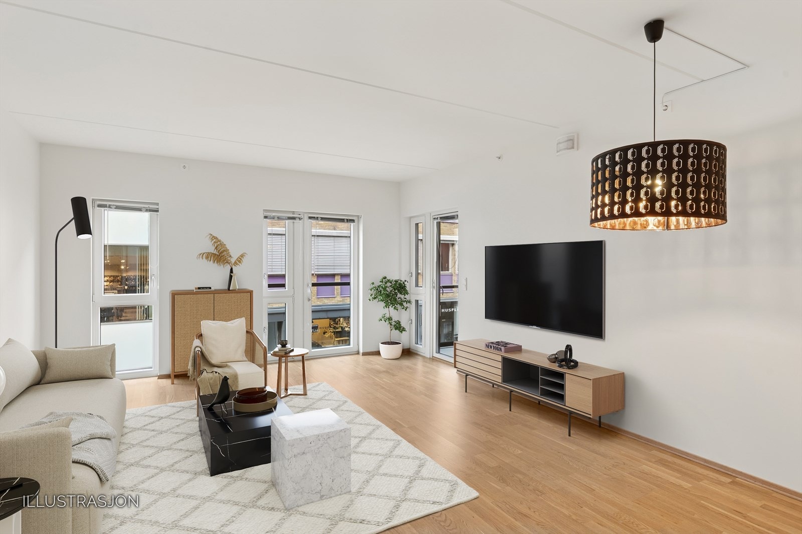 På gulvet i leiligheten er det parkett, og veggflatene er malte. Galleribilde