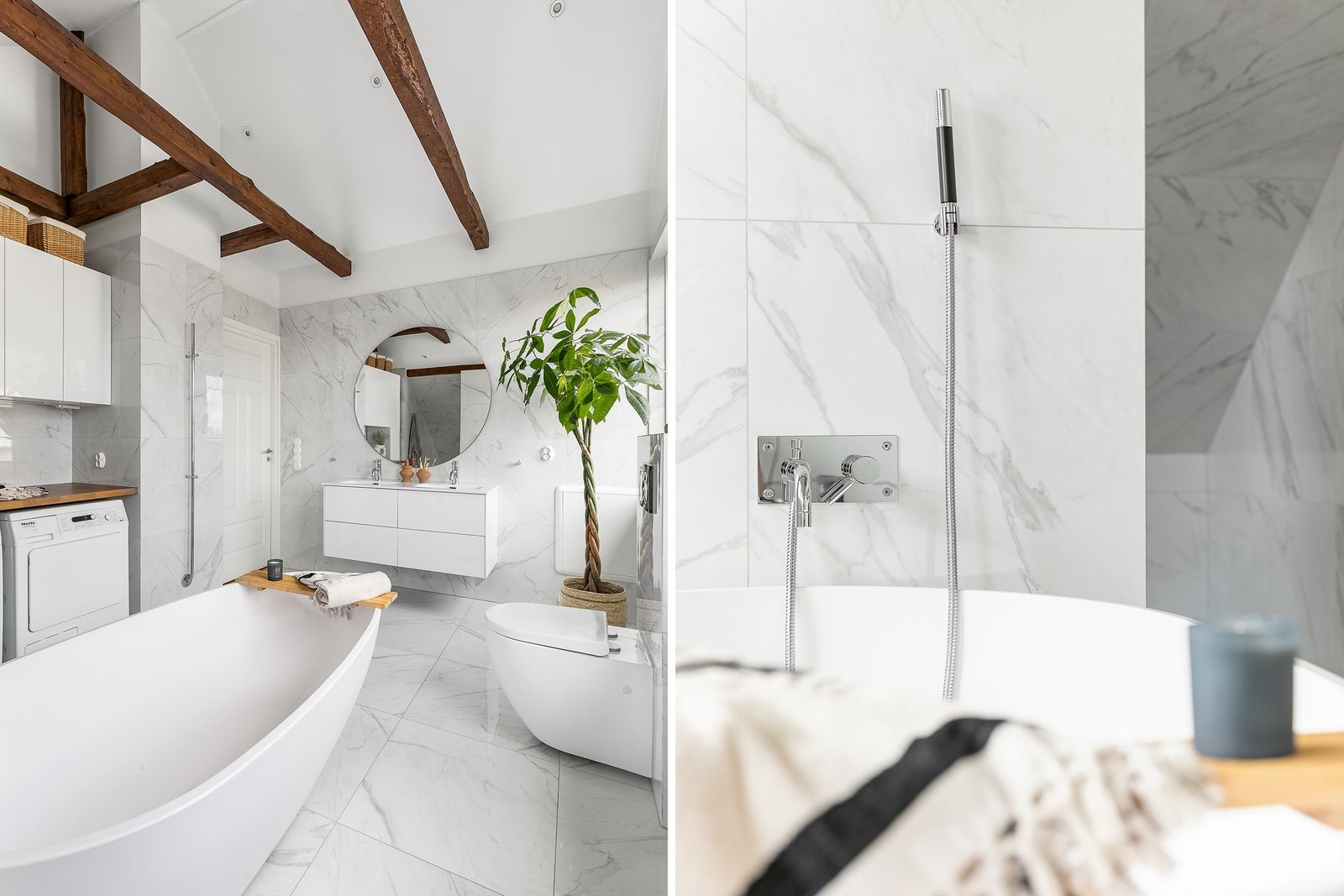 Badet er vel tilrettelagt for samtidig bruk av to personer. Frittstående badekar er i støpemarmor. Galleribilde