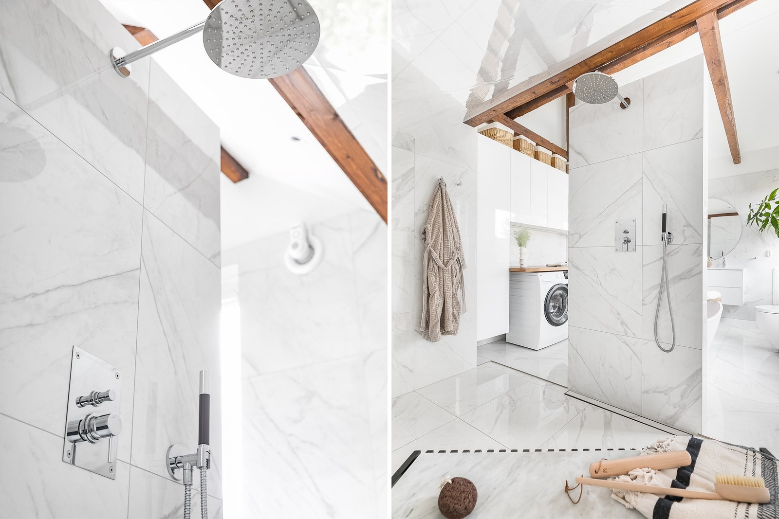 Åpen, men tilbaketrukken dusjsone er etablert innenfor badets delevegg. Galleribilde