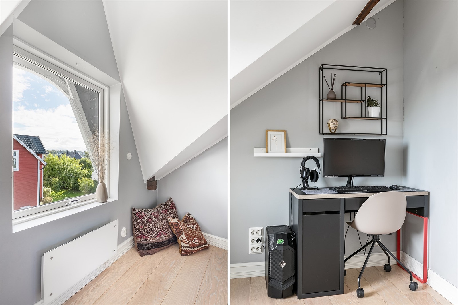 Langstrakt utsikt sees i soverommet utskilt fra loftstuen. Galleribilde