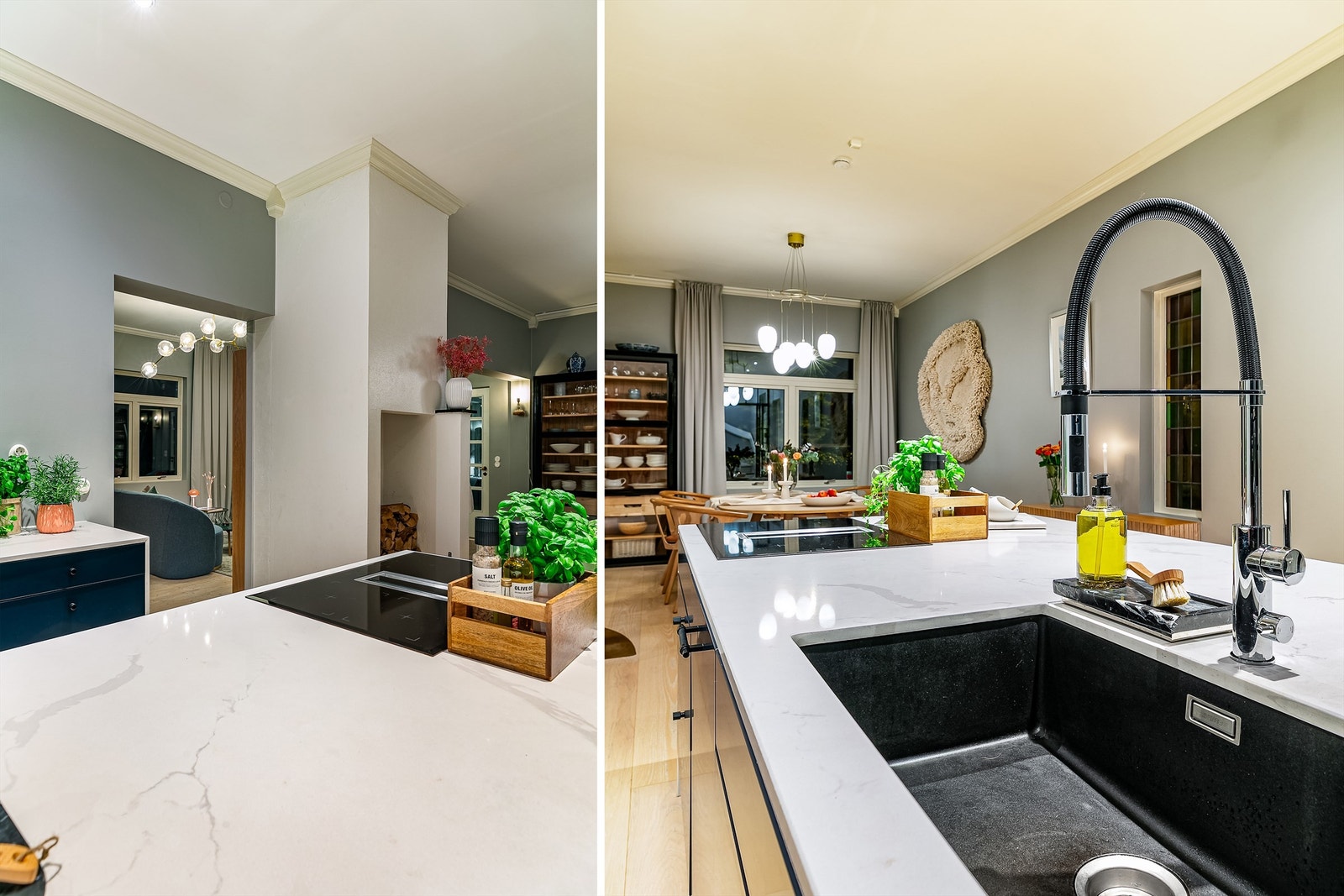 Kjøkkenøyen er en anvendelig arbeidsplass med både Silverline platetopp og Blanco Silgranit vask med Tapwell blandebatteri. Galleribilde