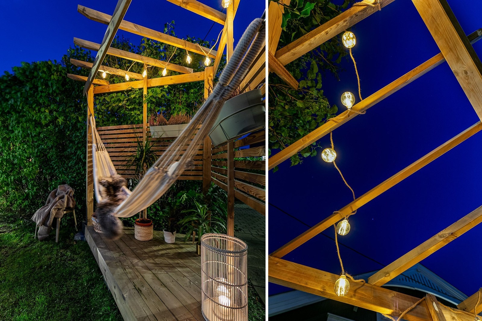 Hagen er tilrettelagt for aktiv bruk sommerstid, terrassen med pergola er som skapt for en hengekøye. Galleribilde