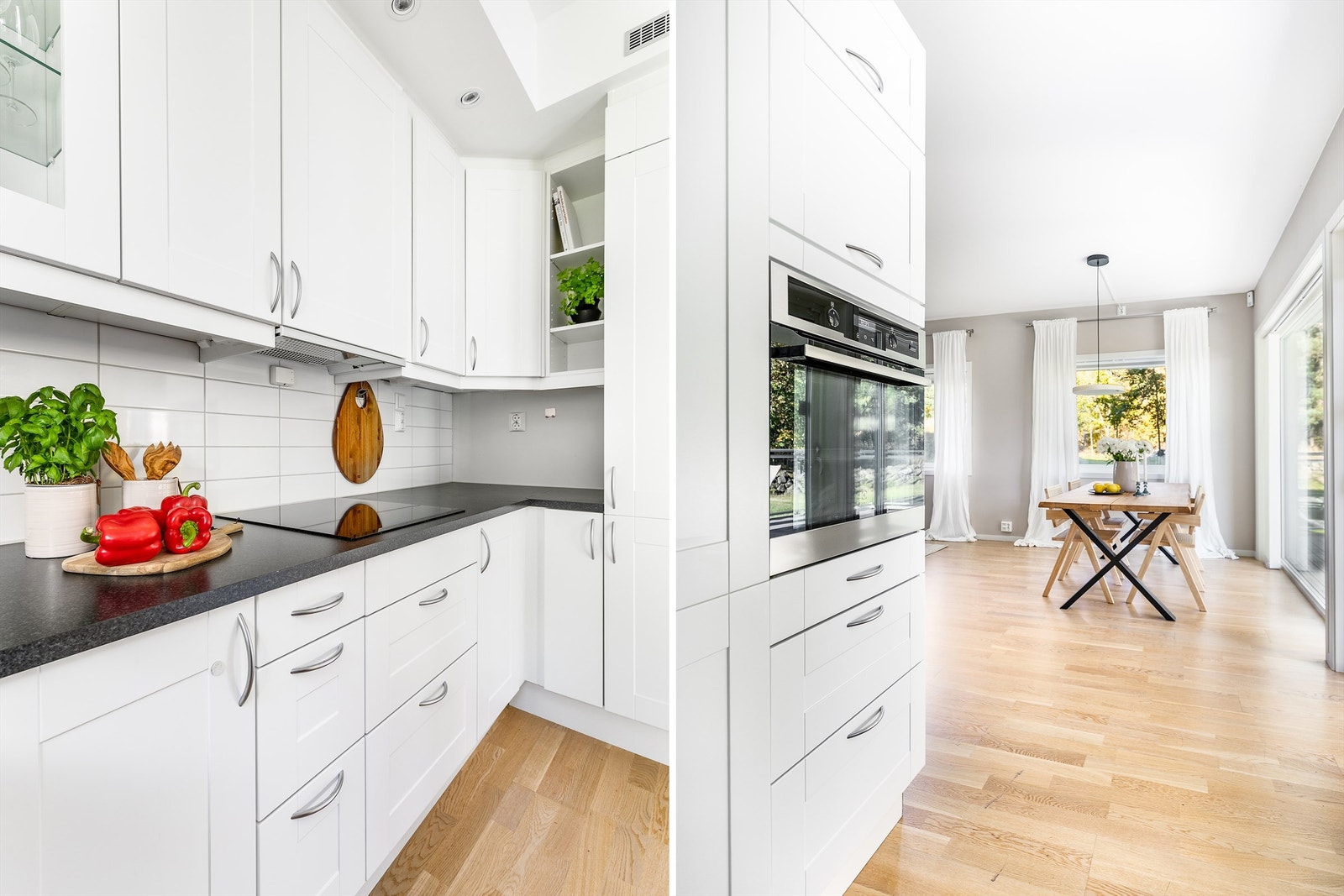 Kjøkkenet er også utvidet med en ekstra modul der stekeovn er integrert i hendig høyde. Alle kjøkkenets hvitevarer medfølger. Galleribilde