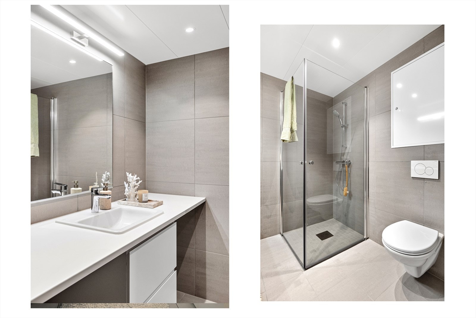 Ellers er badet innredet med vegghengt toalett, dusjhjørne med innfellbare dusjvegger, vegghengt speil med belysning over, og servant med skuffer. Galleribilde