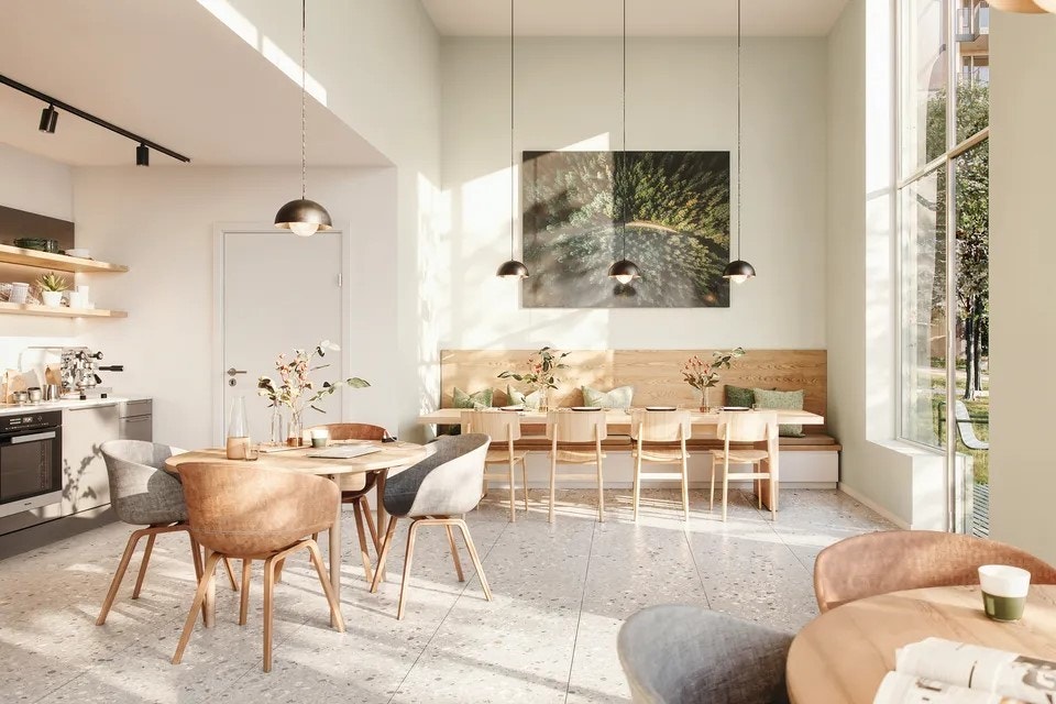 Illustrasjon av felleslokalet i det grønne huset - Gjesterom, kontor, felles terrasse mv. Des 25. Galleribilde