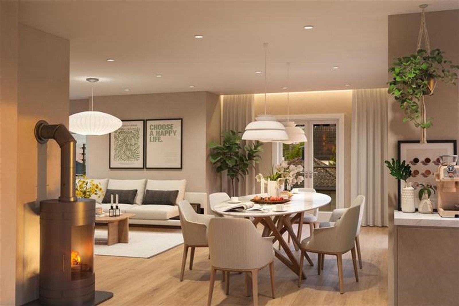 Illustrasjon der stuen er åpnet mot soverom sør. Galleribilde