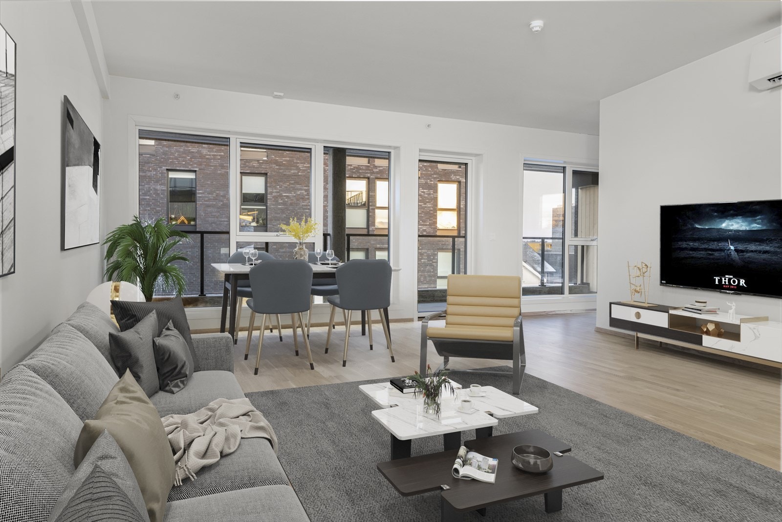 Stue med digital styling, bildene er tatt i lik leilighet, beliggende i tredje etasje. Galleribilde