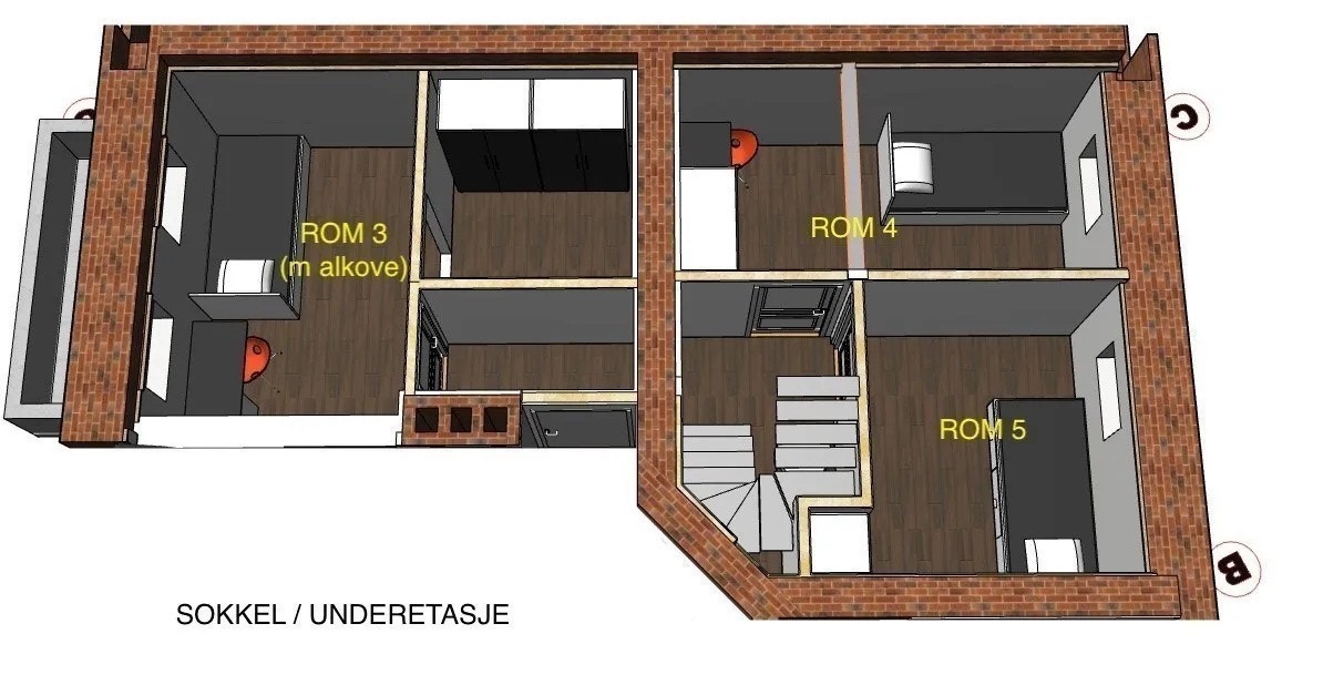 De 3 øvrige hyblene ligger i boligens nedre plan, og er alle utleid. Galleribilde