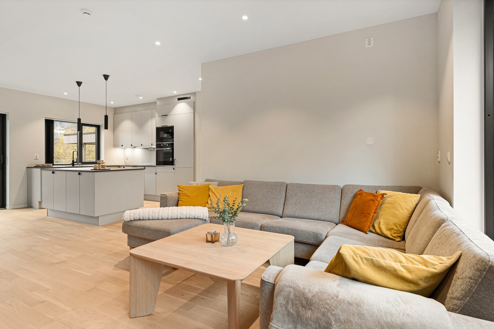 Åpen stue- og kjøkkenløsning på 38,9 kvm. Galleribilde