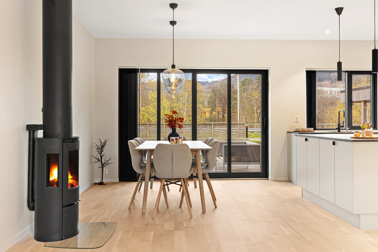 Fra stuen/kjøkkenet er det utgang til terrassen på fremsiden av boligen. Galleribilde